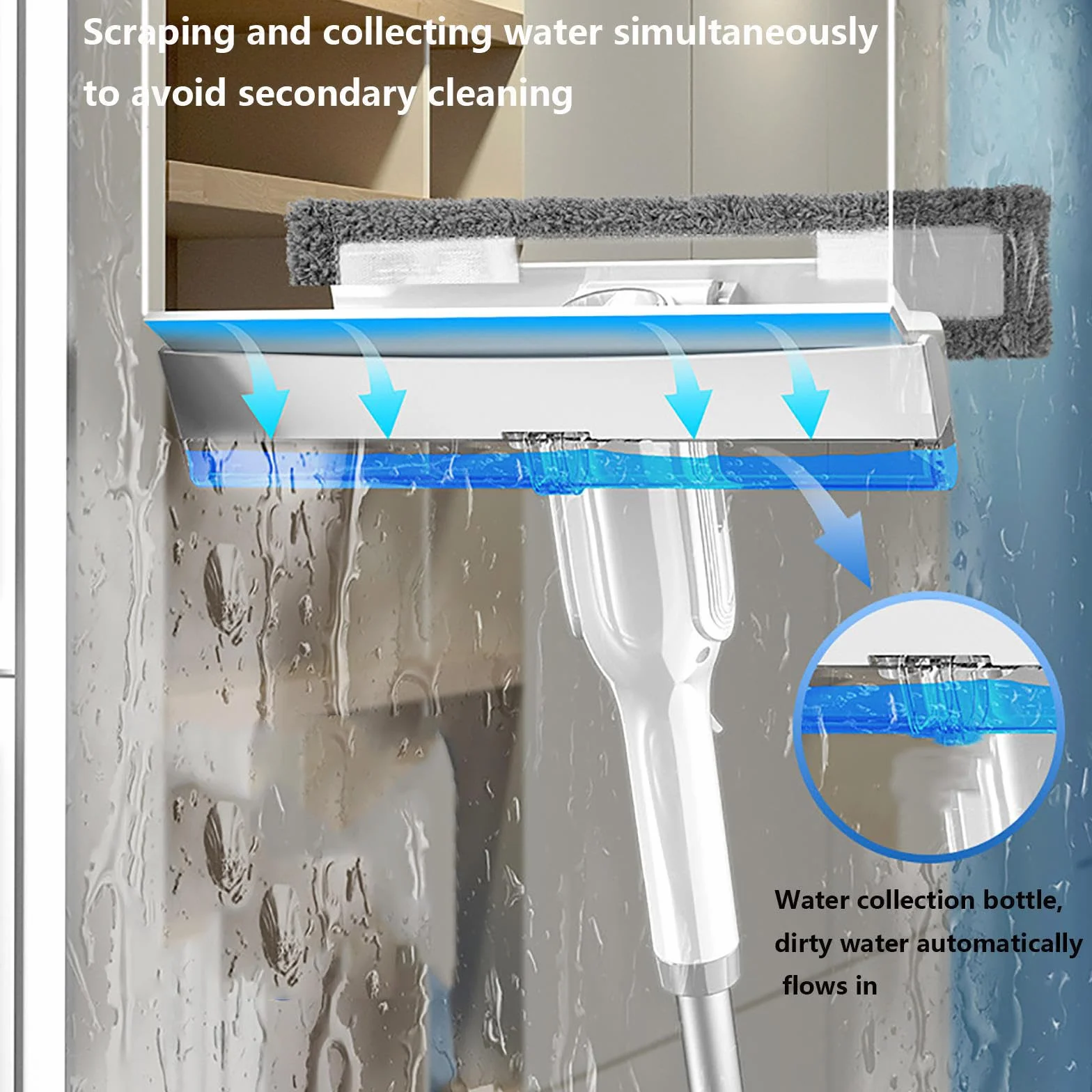 4 en 1 Spray Limpiador De Cristales con Colector De Aguas Residuales Y 3 Paños Microfibra, Limpiador Cristales con Varilla De Extensión para Ventana De Coche De Ducha
