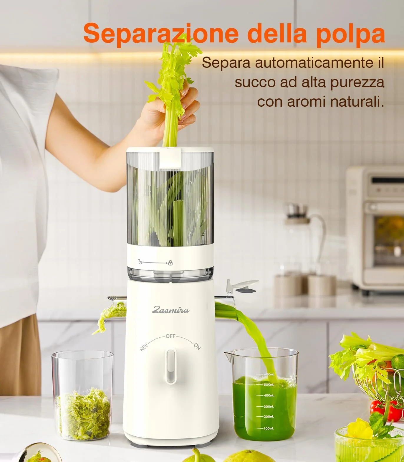 Zasmira Exprimidor Lento con Canal de Alimentación 120 mm, 99.6% Pureza del Jugo, Licuadora de Zumos y Batidos