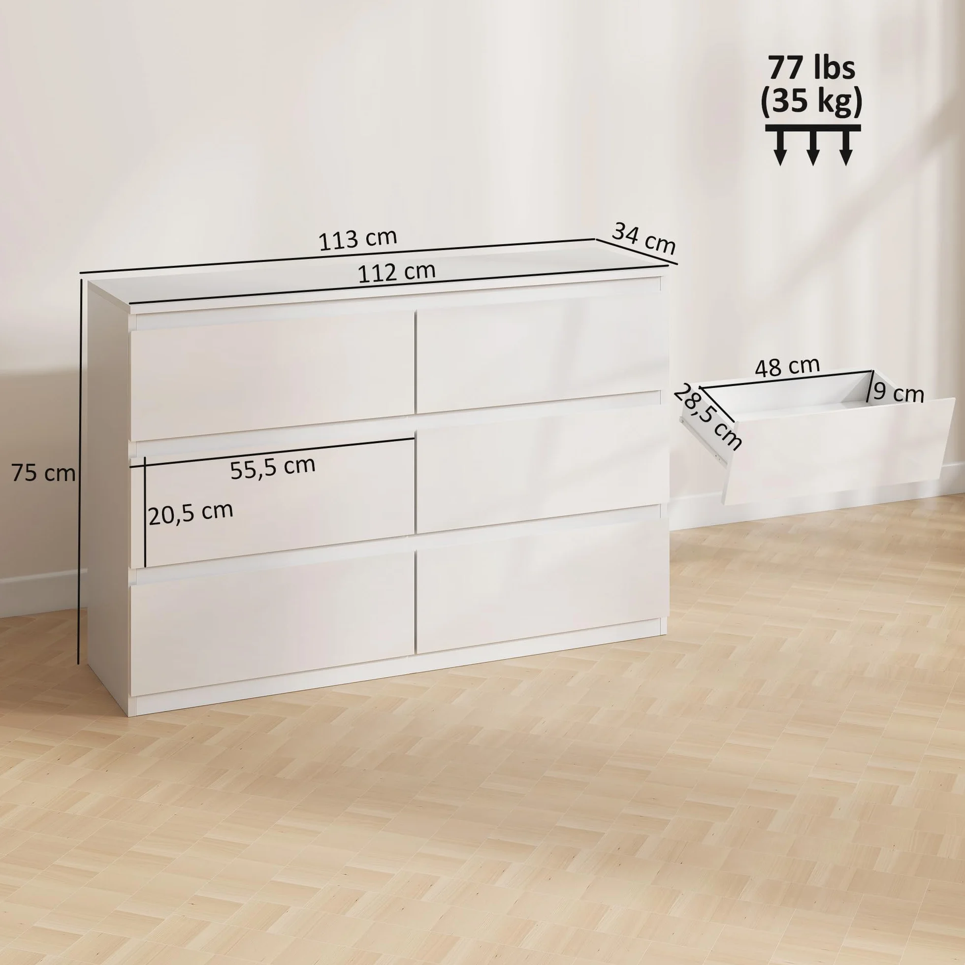 HOMCOM Cómoda con 6 Cajones Cómoda de Dormitorio Moderno con Diseño Anti-vuelco Cajonera para Salón Pasillo 112x34x75 cm Blanco Brillo