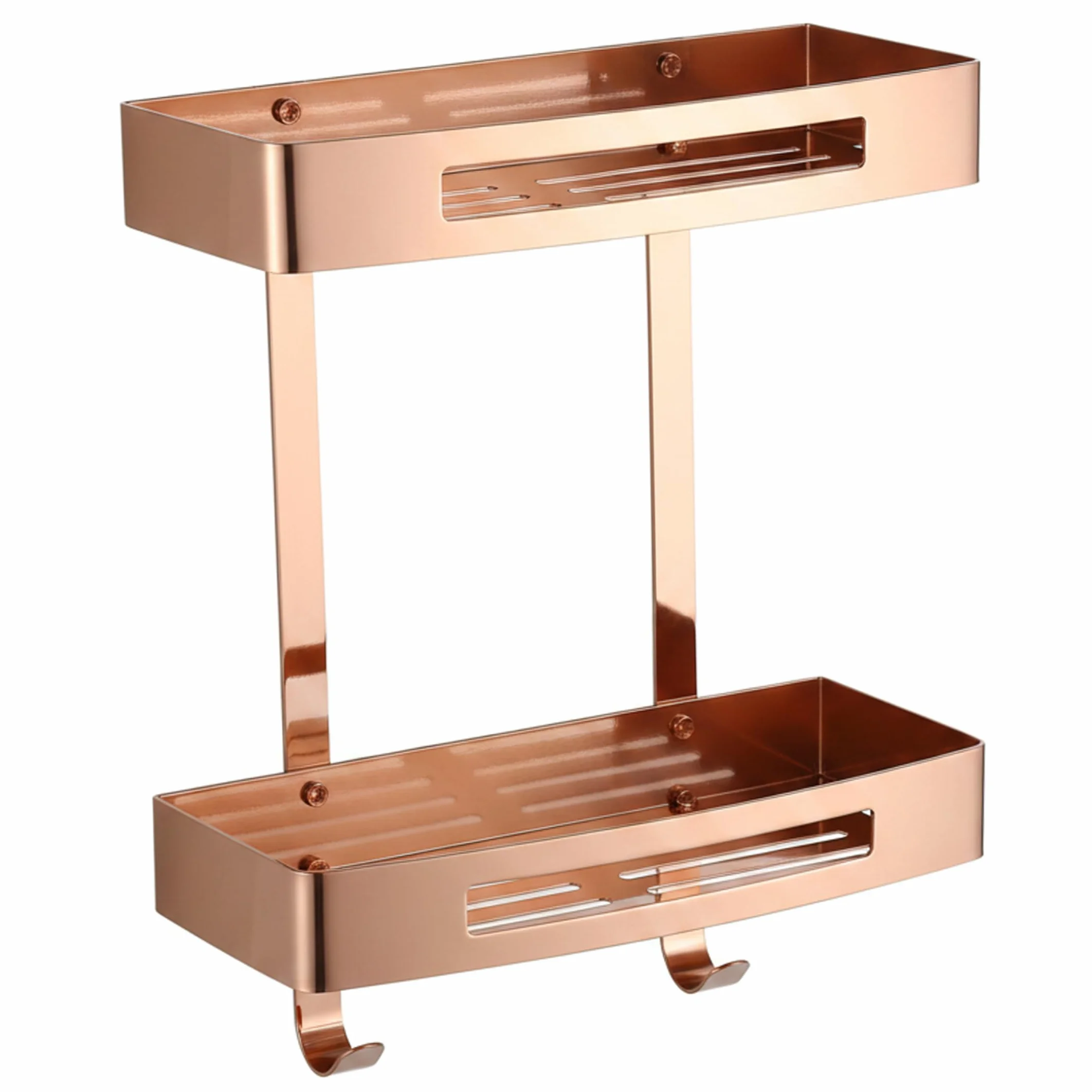 Estante de pared para baño, organizador de ducha de doble nivel, estante de esquina de baño adhesivo de acero inoxidable 304, organizador de pared sin taladrar con ganchos, oro rosa