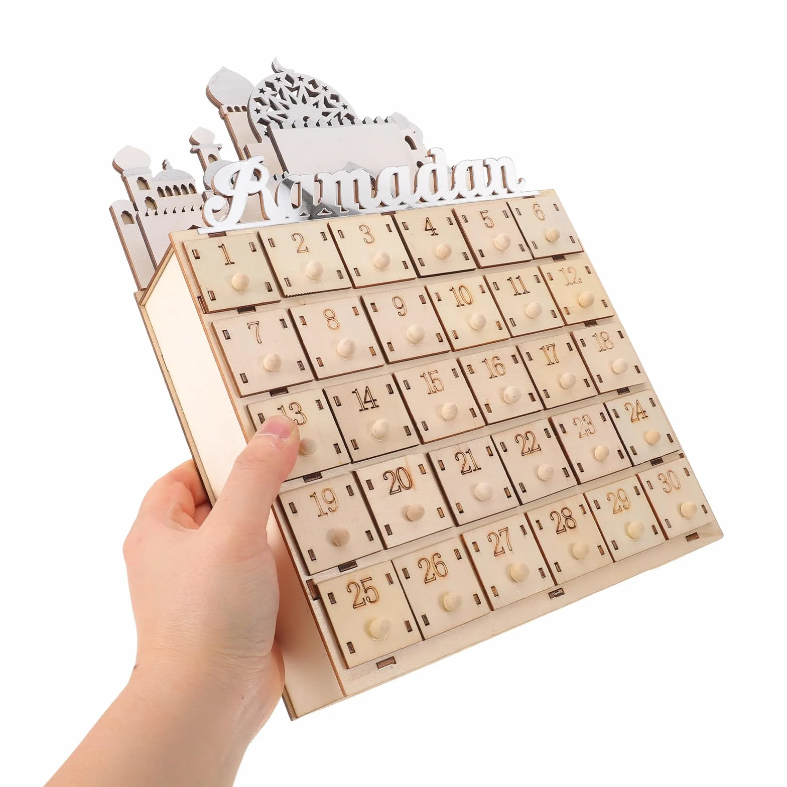 STOBAZA Calendario de Cuenta Regresiva para Ramadán con 30 Cajones de Madera y Luz Led, Decoración Beige Hogar y Festival de Eid Mubarak