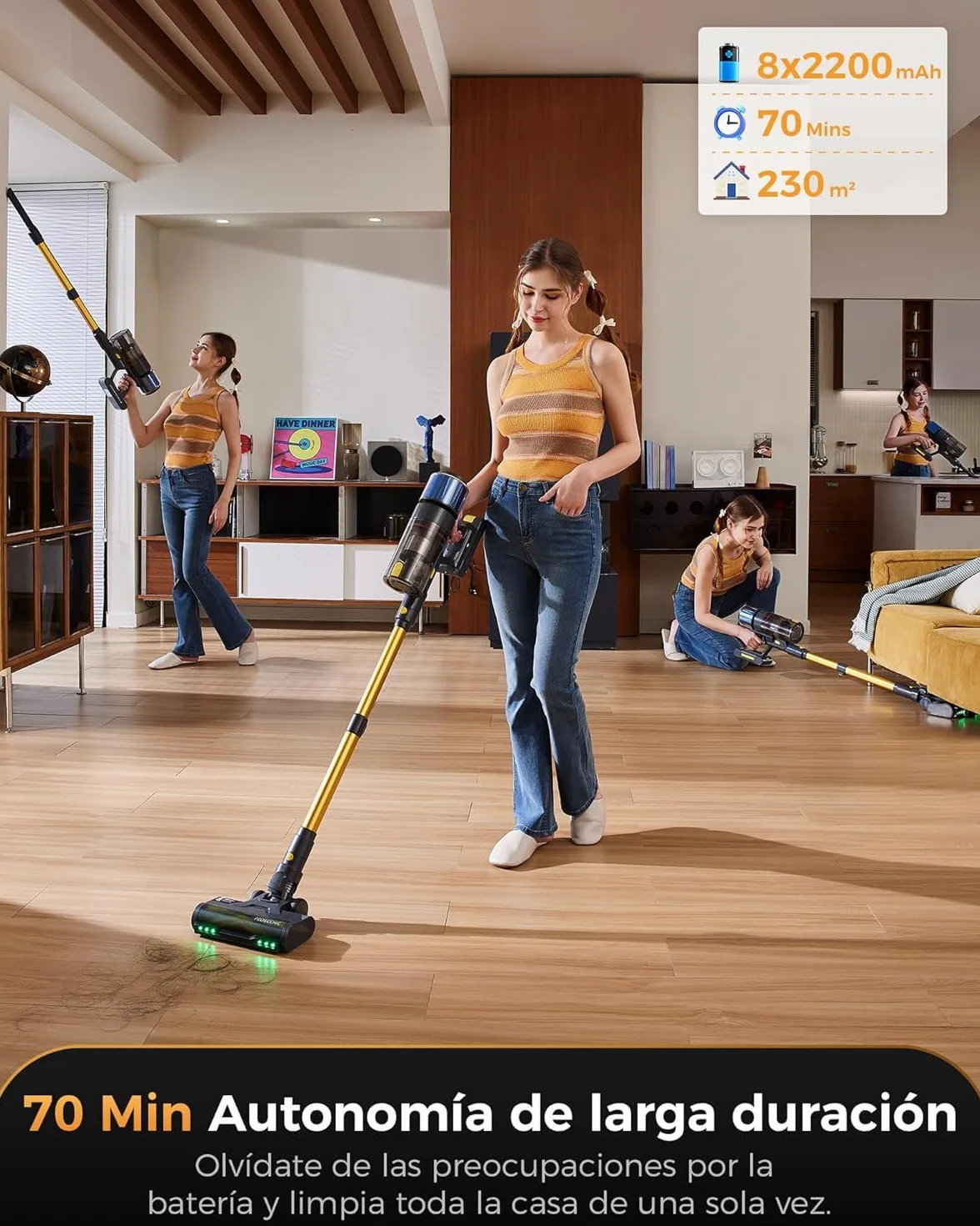 Proscenic P15 Aspiradora sin Cable 55kPa/70Mins, Aspiradora Escoba Vertical Potente con Pantalla Táctile LED, Antienredo y Modo Automático para Suelos/Alfombras/Pelo de Animales