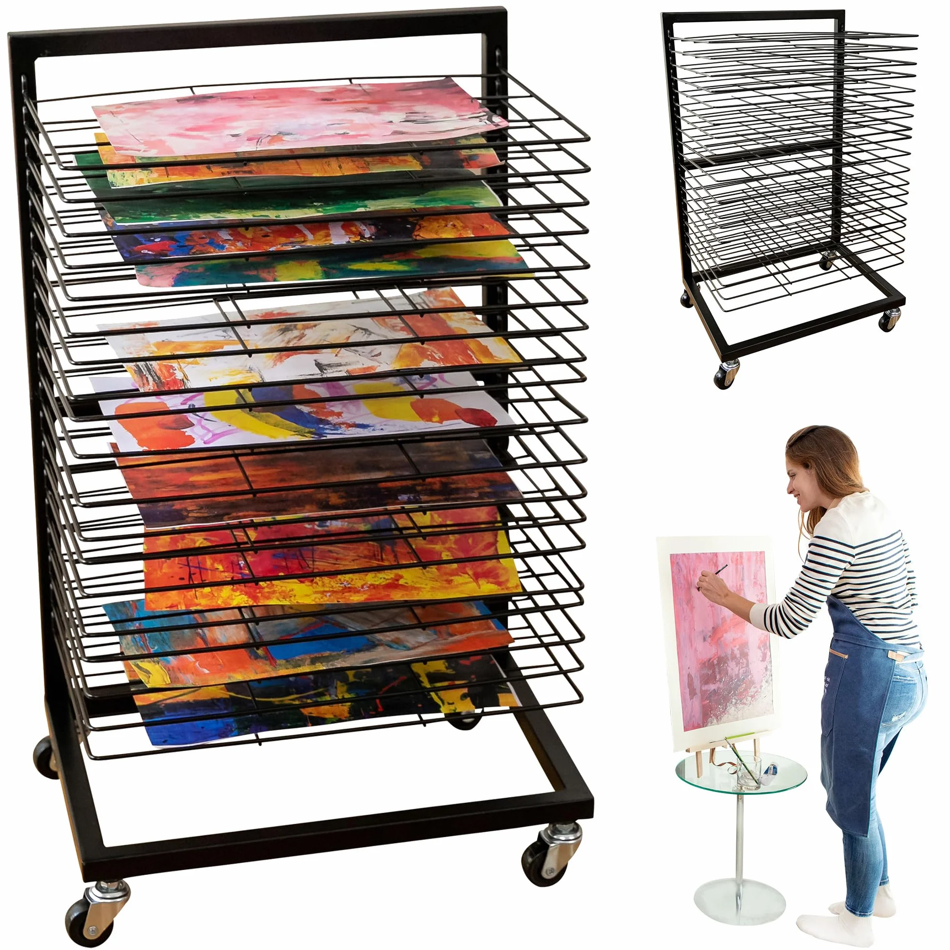 ODOXIA Estante De Secado De Arte Pequeño para Aulas | Estante de Secado de Pintura Portátil y Funcional | 19 Bandejas Extraíbles | Soporte para Lienzos | Estante Apilable para Pinturas y Más