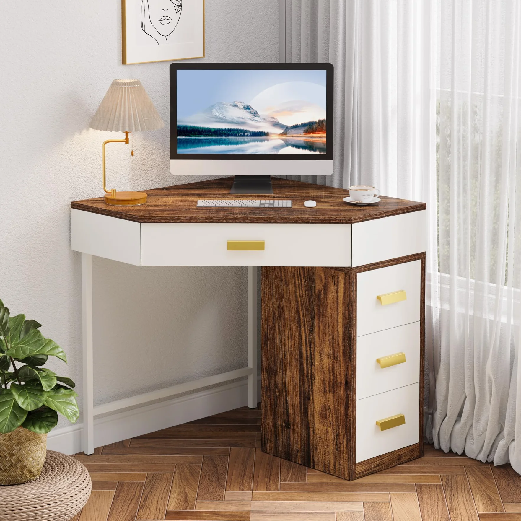 Tribesigns Escritorio Esquinero con 4 Cajones, Escritorio para Ordenador con Almacenamiento, Mesa de Ordenador para Teletrabajo, Escritorio de Oficina para Dormitorio, Salón, Marrón/Blanco
