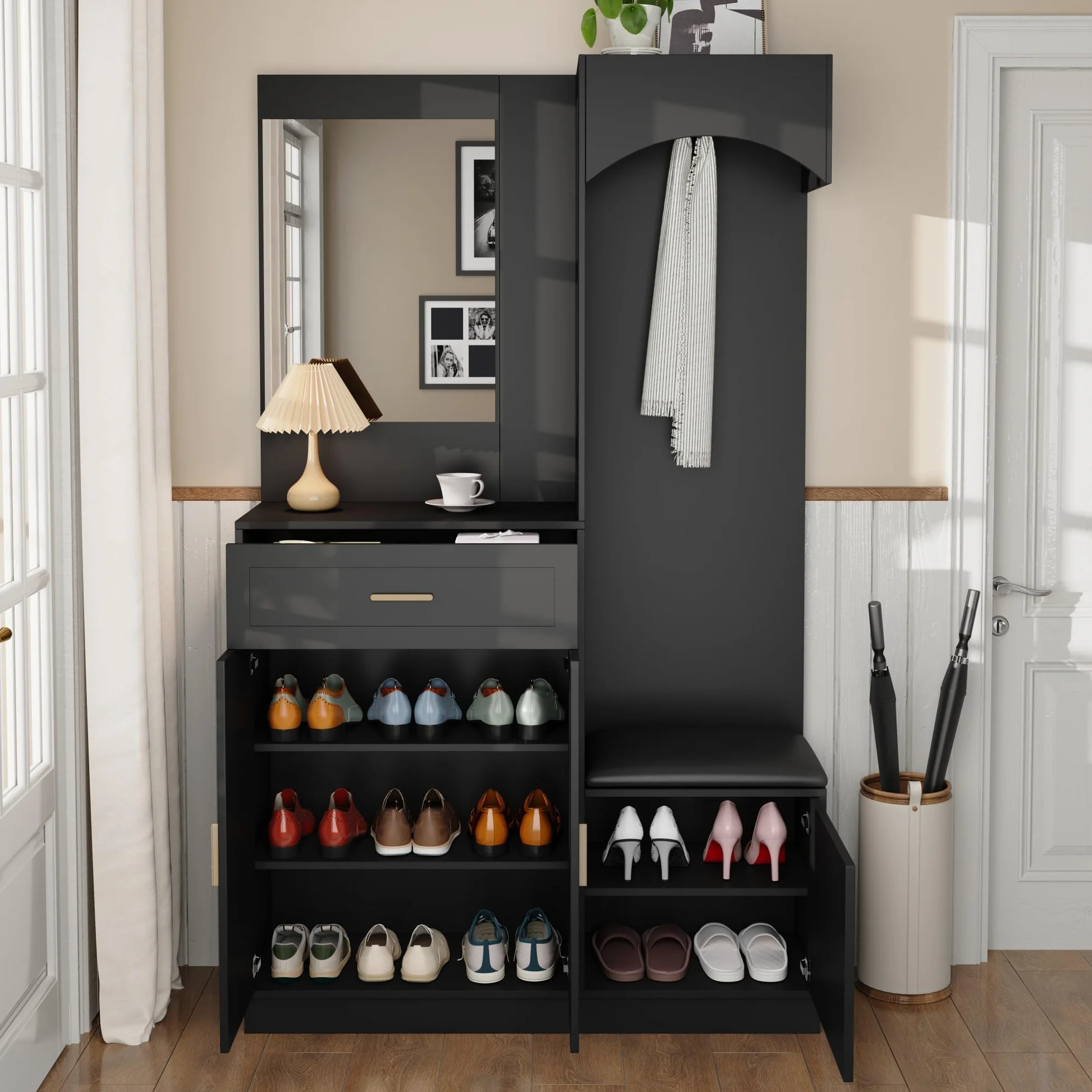 Armario moderno compacto, armario y zapatero, armario de entrada, estante de almacenamiento multifuncional con espejo, 110 x 33 x 185,5 cm (negro)