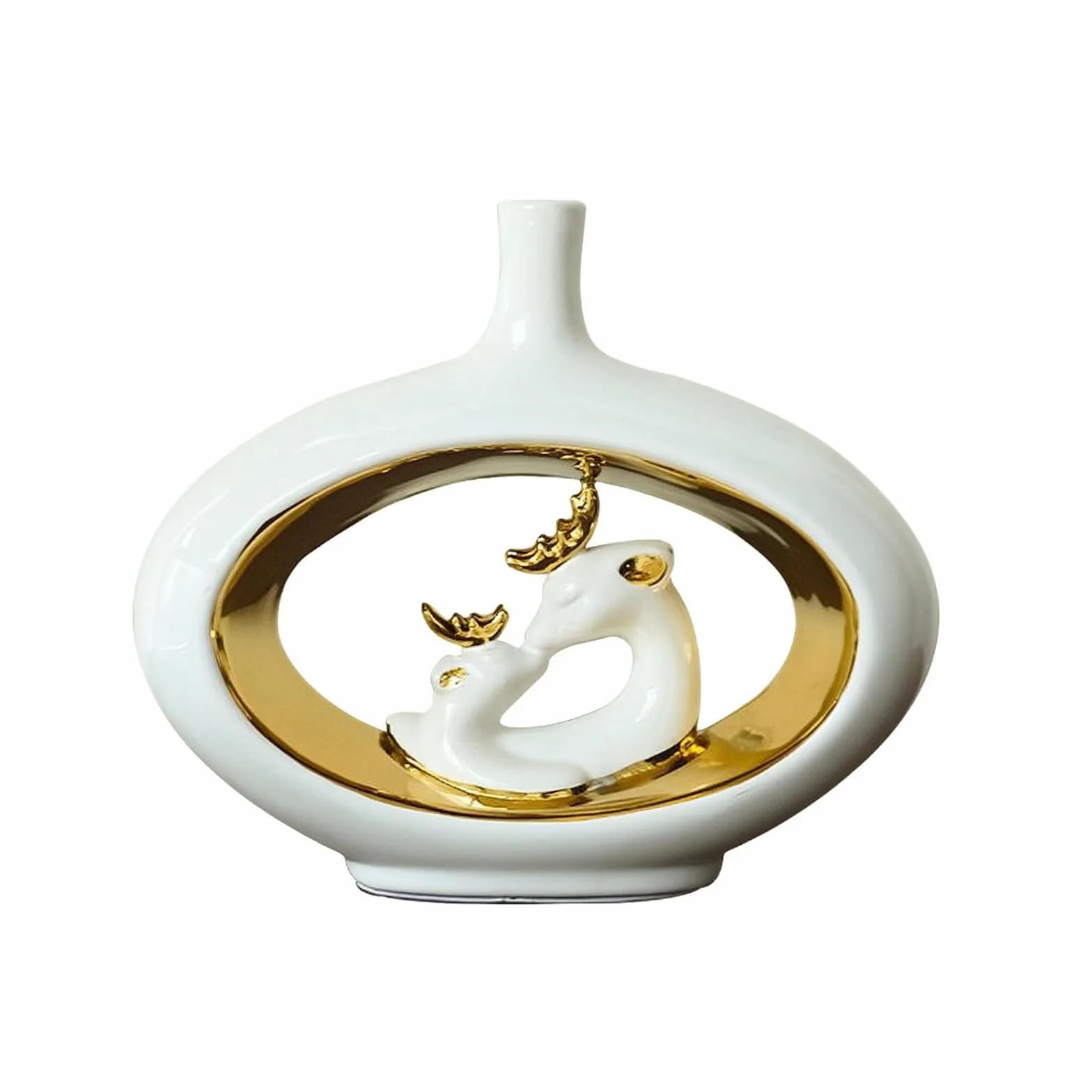 Jarrón de Cerámica Jarrón Decorativo Florero Botella Centro de Mesa con Superficie Esmaltada Lisa y Detalles de Ciervo Tallado con Toques Dorados, Color to 4, Jarrón De Ciervo 11029