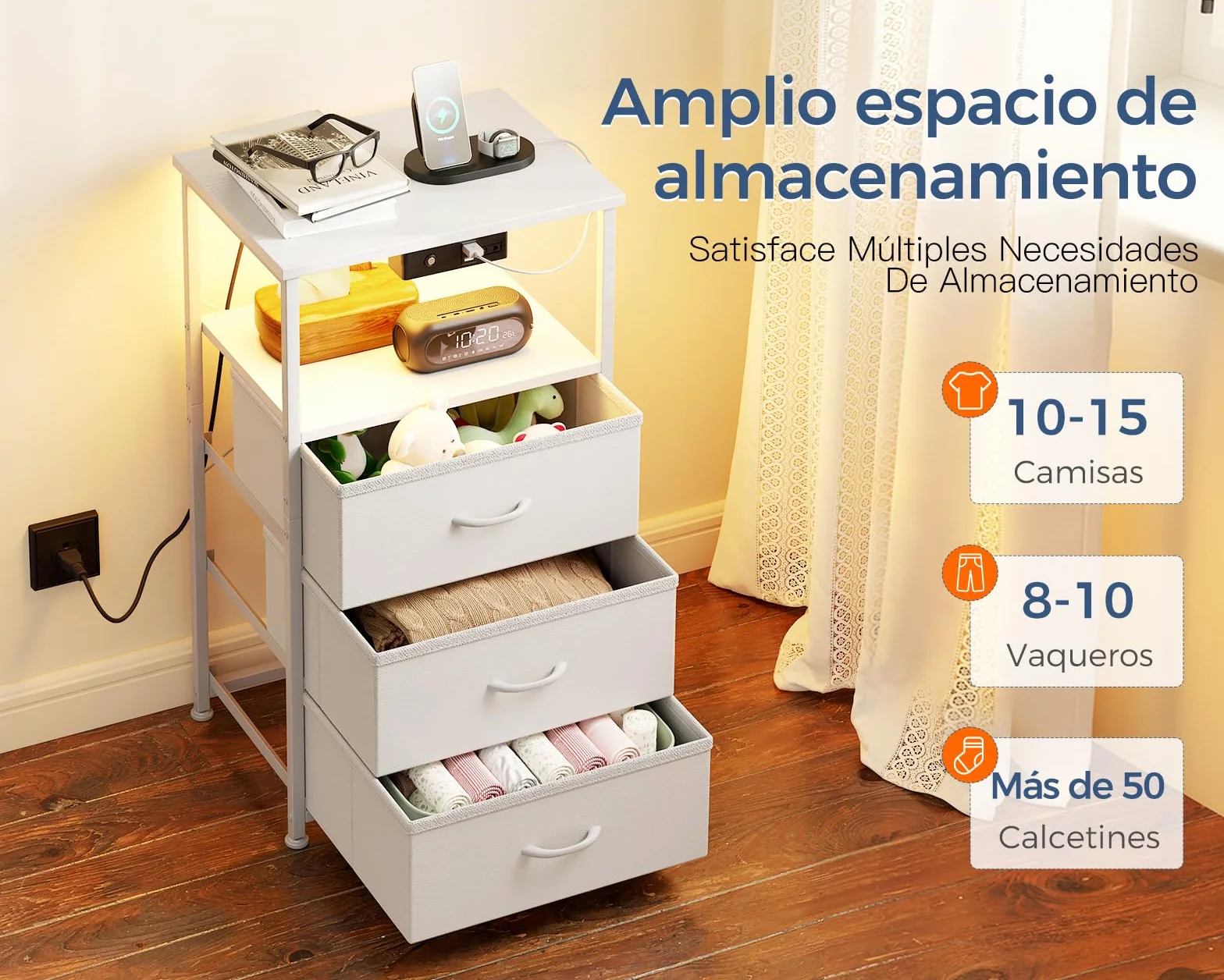 Coleshome Mesitas de Noche Blanco, con Enchufe, 2 Puertos USB y Tira de Luces LED, Mesita de Noche con 3 Cajones de Tela y 2 Espacio de Almacenamiento, 40 x 30 x 70 cm, 1 Paquete