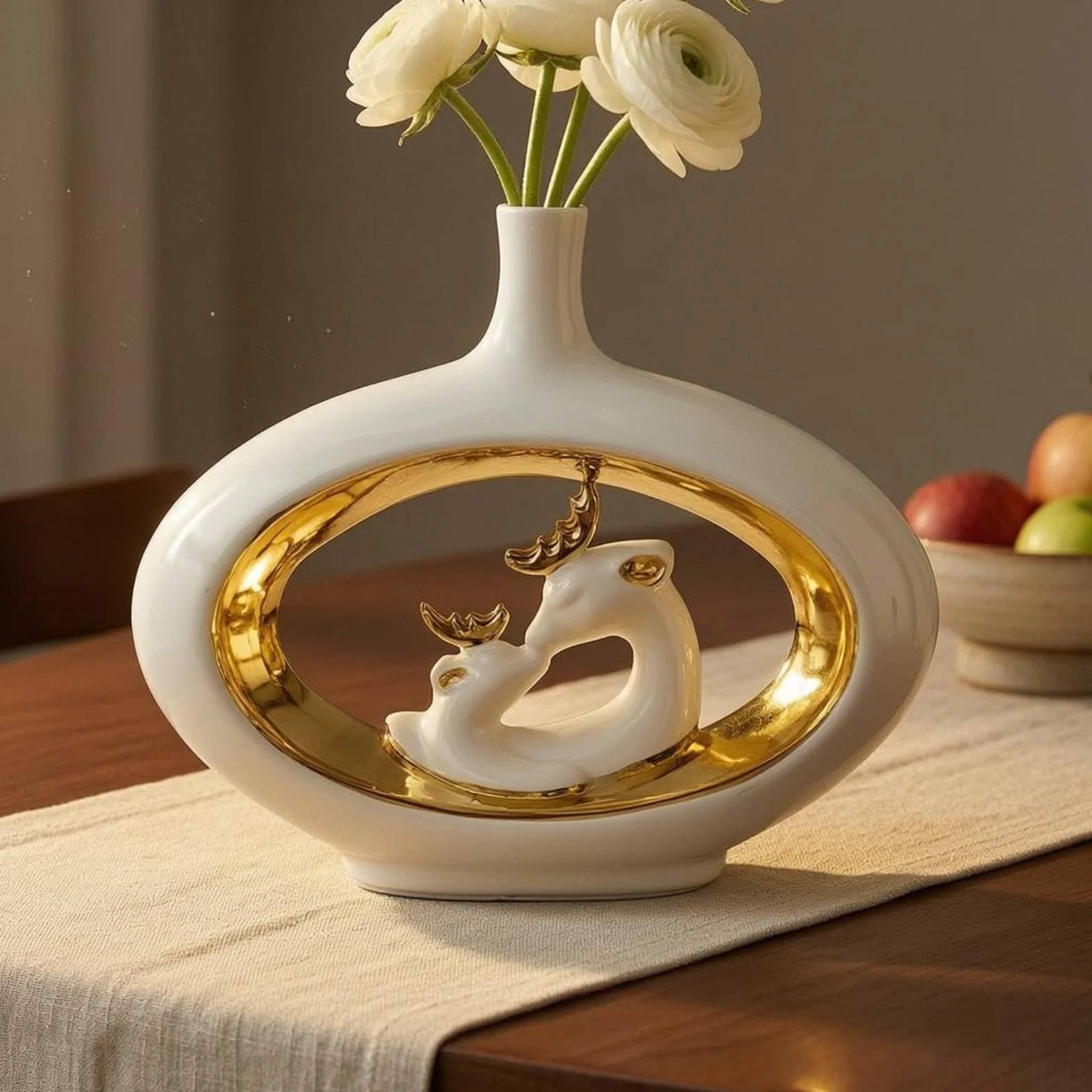 Qianly Jarrón de Cerámica Jarrón Florero Botella Decoración Interior con Ciervo y Ramas Esculpidas Abertura Que Mantiene Flores y Dorado Brillante Adecuado, Verde, Dorado, Jarrón De Ciervo 11029