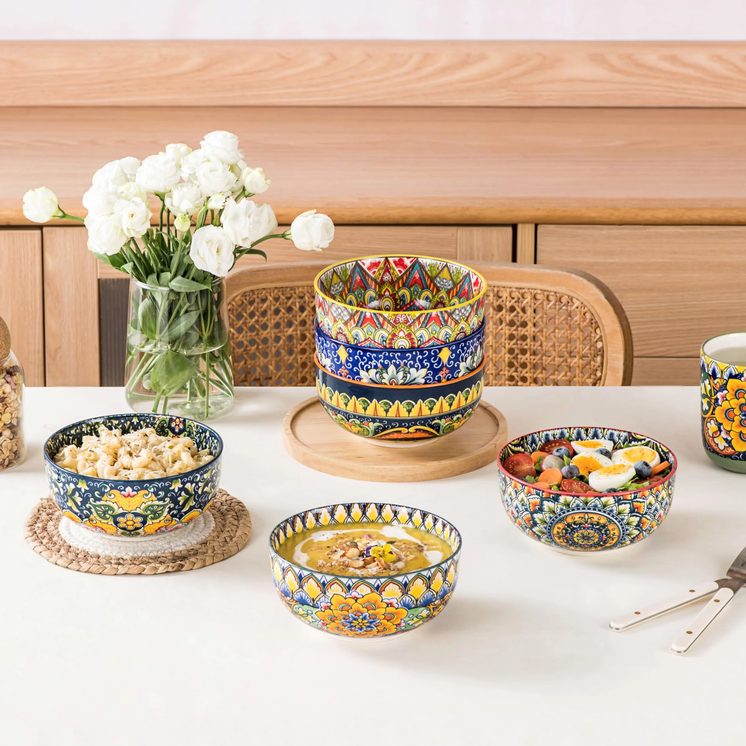 Henten Home Cuencos de Porcelana, 830ml Platos para Ensalada, Juego de Ensaladera Grande, Tazón de Frutas, Apto para Lavavajillas e Microondas, Estilo bohemio