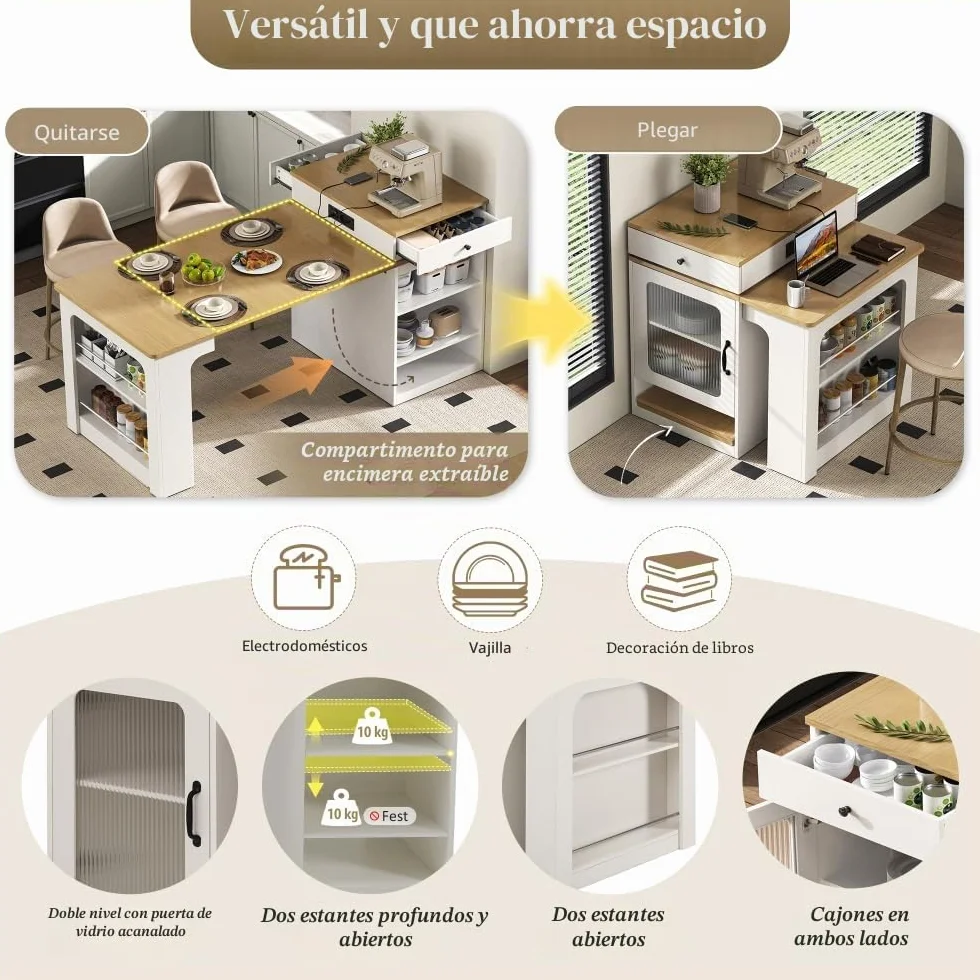 Mueble isla de cocina 71(151) x80x92 cm, mesa de comedor extensible con tablero extraíble, mesa de bar con enchufe múltiple, isla cocina sobre ruedas para comedor (A-blanco + natural)