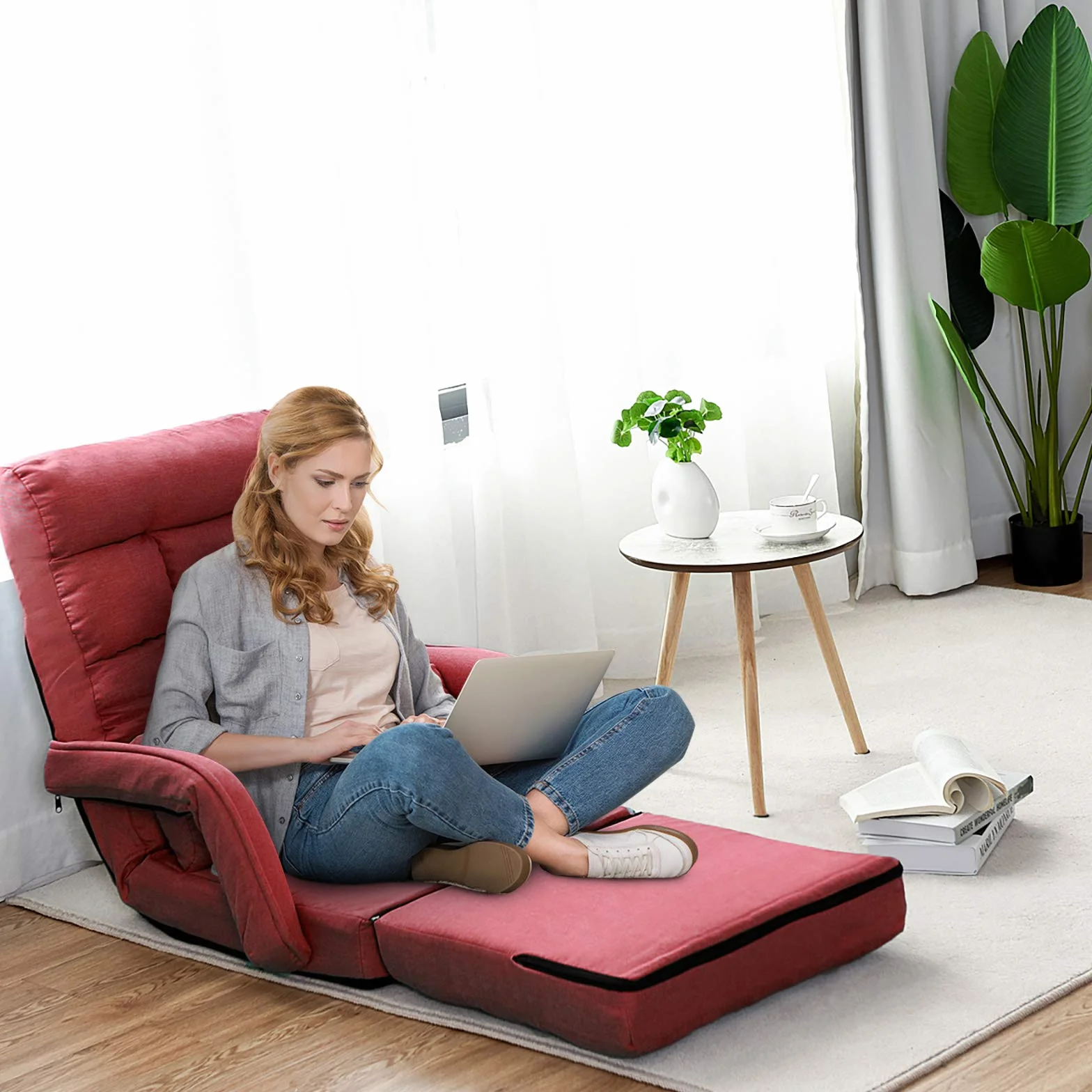 LIFEZEAL Sillón Individual Convertible, sofá Cama Plegable con Respaldo Ajustable en 5 Posiciones, Silla Suelo de 1 Plaza con cojín y reposabrazos, para salón, Dormitorio (Rojo)