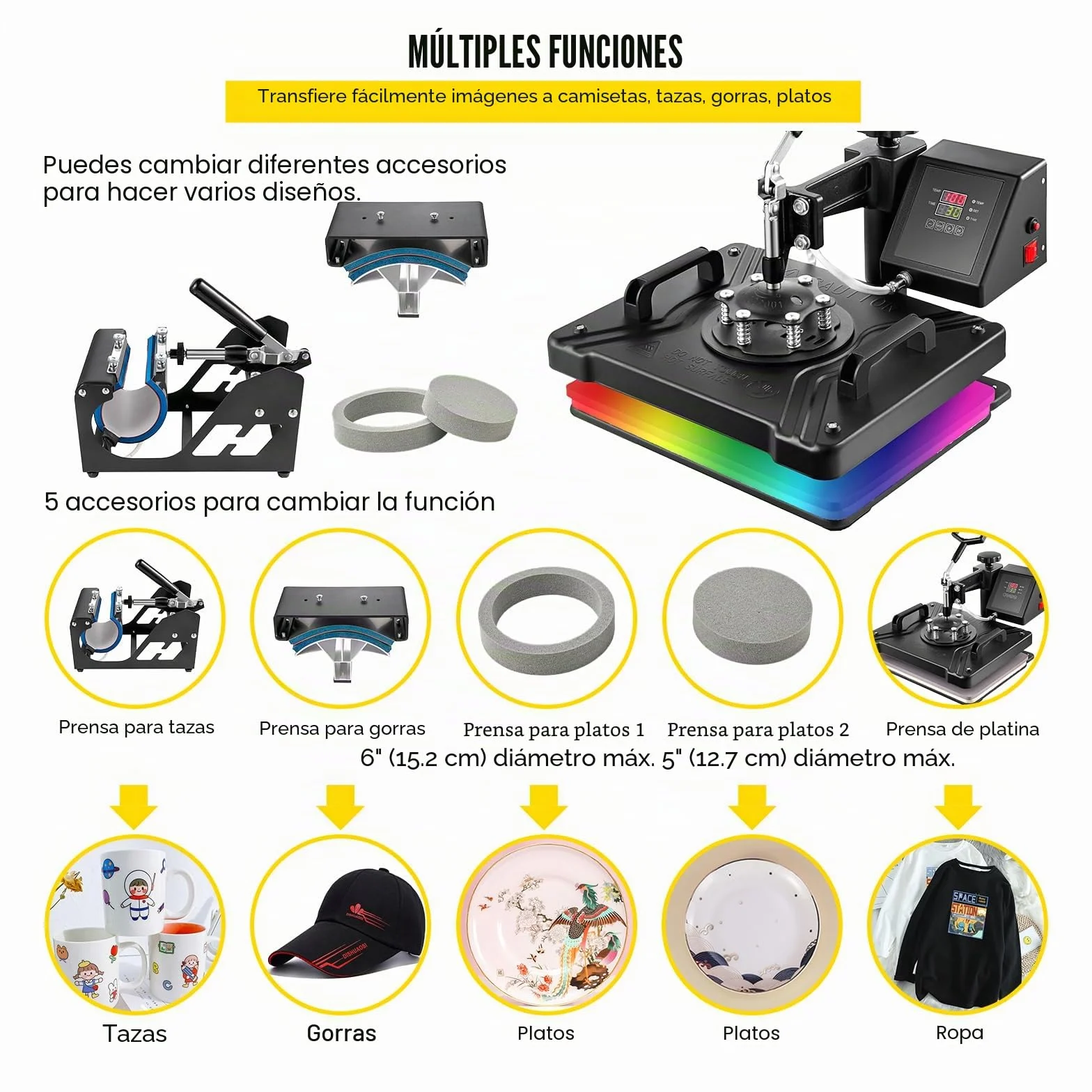 VEVOR 5 en 1 Prensa de Calor 38 x 30 cm, Máquina de Transferencia de Calor Multifuncional Máquina de Sublimación para Camisetas Tazas Platos Sombreros