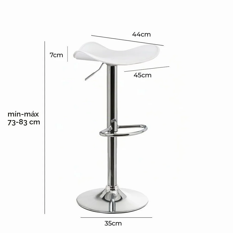 2 taburetes de cocina regulables en altura blancos redondos sin respaldo | Asiento redondo tapizado en polipiel. Sin respaldo. Pie giratorio gris. Altura ajustable de 63 a 83 cm. Resiste hasta 120 kg.