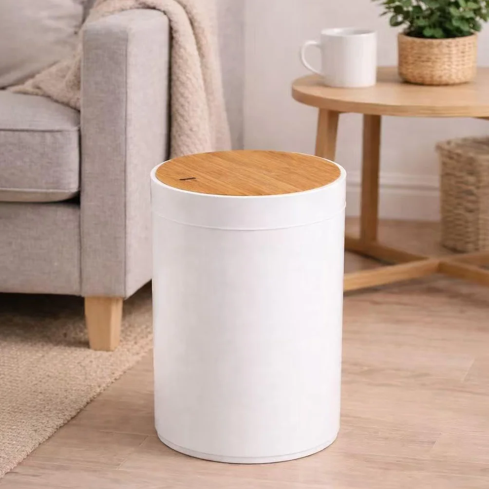 Papelera de Baño 5L Bambú Natural Tapa Basculante Blanca Minimalista