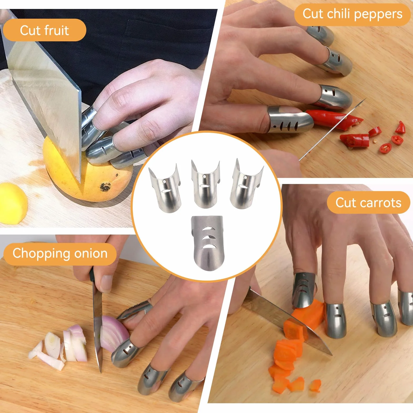 HERCHR 4Pcs Protección Anti-Corte para Manos, Protector de Dedos para Cortar Verduras, Herramienta de Cocina Acero Inoxidable