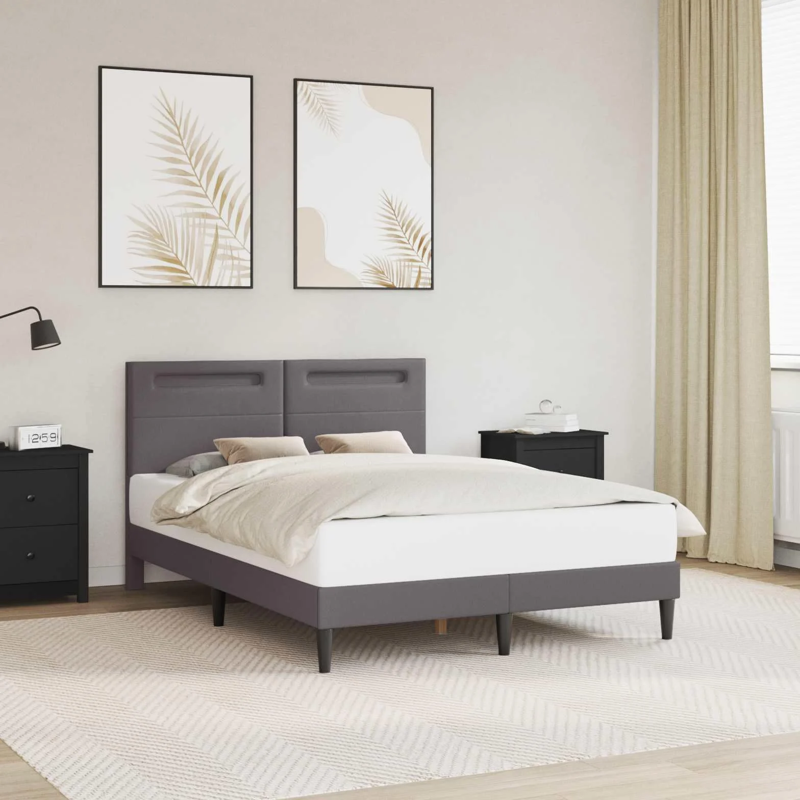 Marco de cama con tiras de luz LED, gris, 120 x 190 cm, piel sintética, cama doble moderna con alimentación USB para muebles de dormitorio