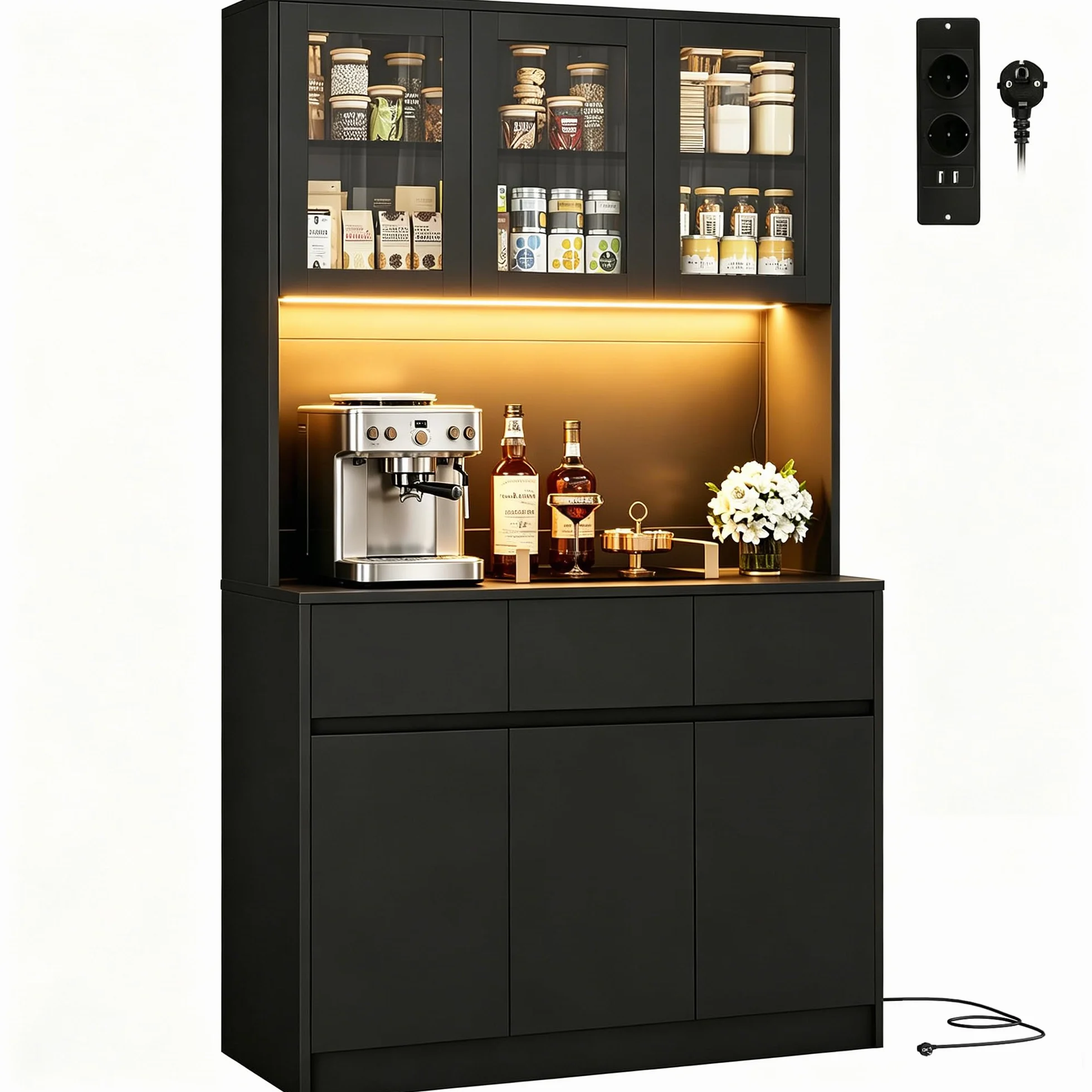 Alacena de Cocina, Armario Despensa Cocina con regleta y Tira de Luces LED, Aparador Comedor con Estantes Regulables (Negro)