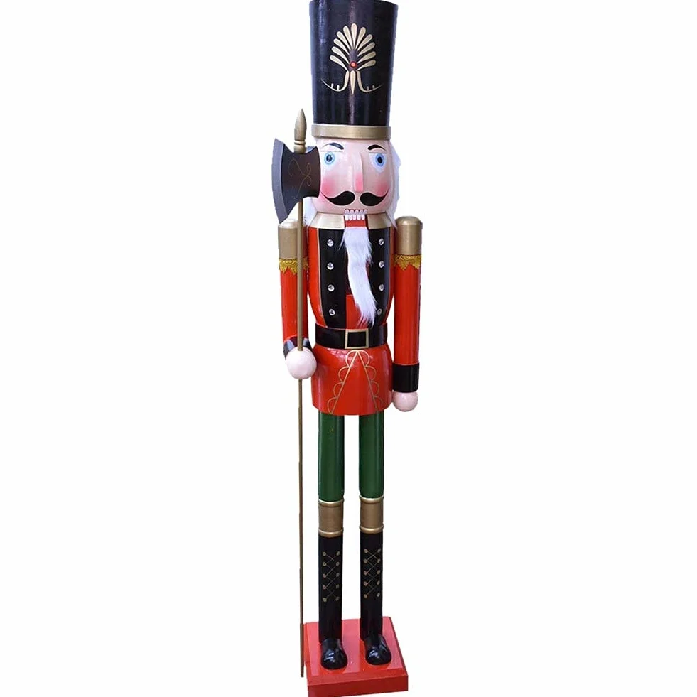 BAKAJI Soldado Cascanueces de Navidad de Madera Gigante Altura 106 cm Vestidos Pintados Barba y Pelo de Peluche con Mecanismo de Trabajo Decoraciones Navidad (Diseño 14)