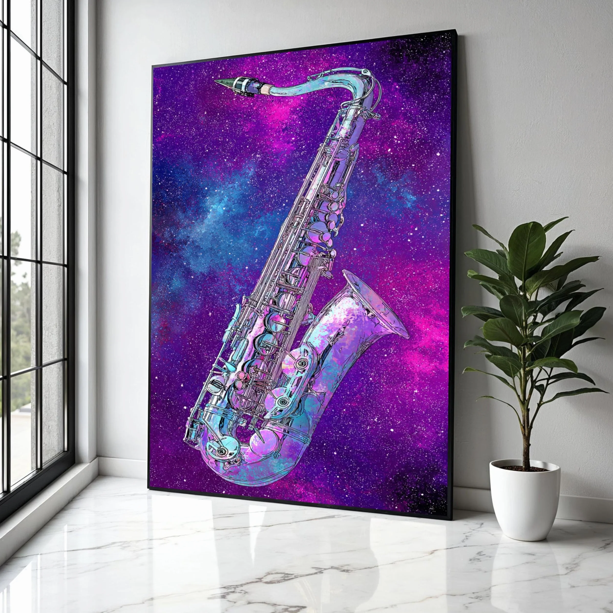 YUSUZHU Saxofón cósmico, lienzo musical galáctico, instrumento colorido para decoración de pared, pintura espacial, músico de jazz, impresión para decoración del hogar (70 x 100 cm/marco interior)