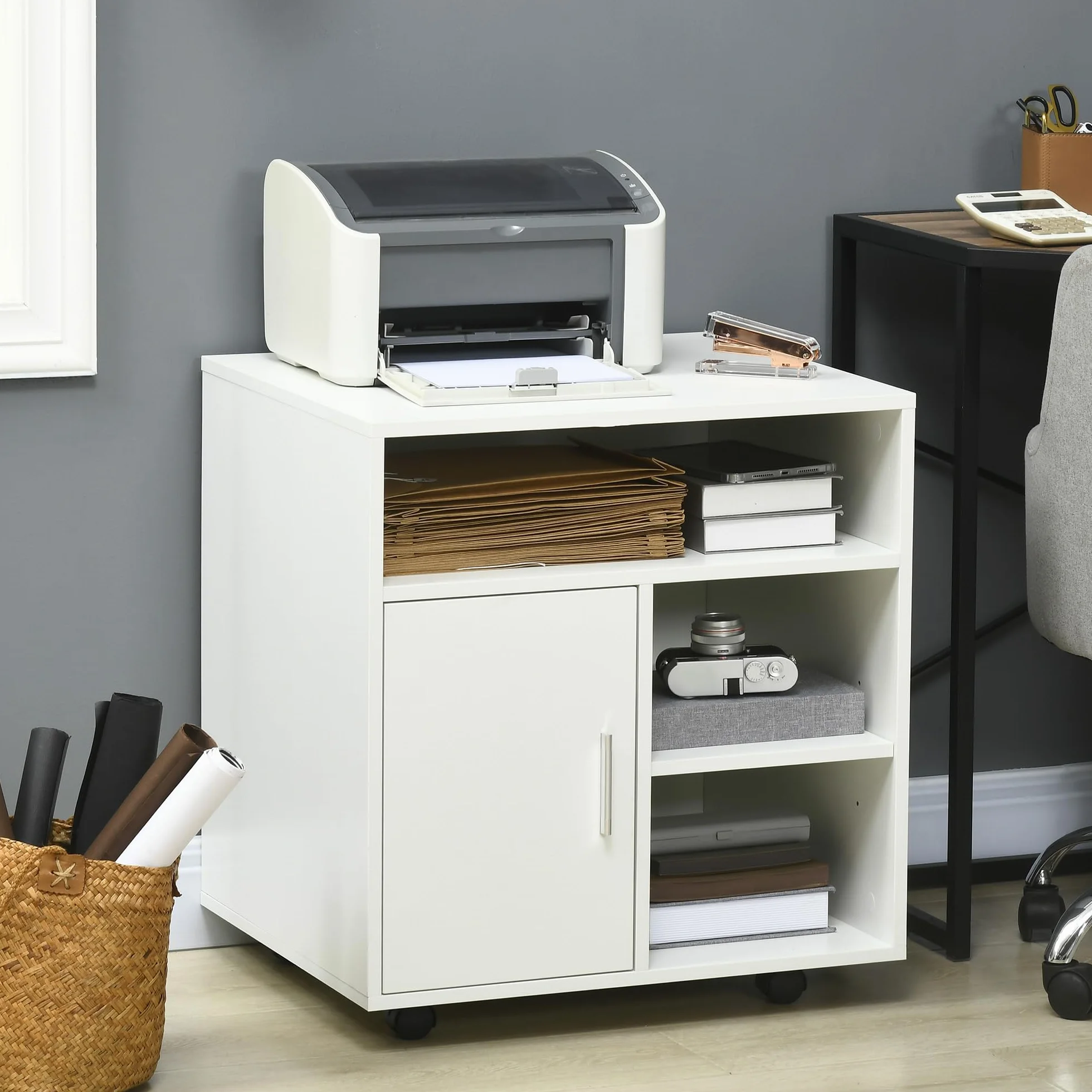 HOMCOM Mueble con Ruedas para Impresora Armario de Oficina Multifuncional con Estantes con Amplio Espacio de Almacenaje 60x50x65,5 cm Blanco
