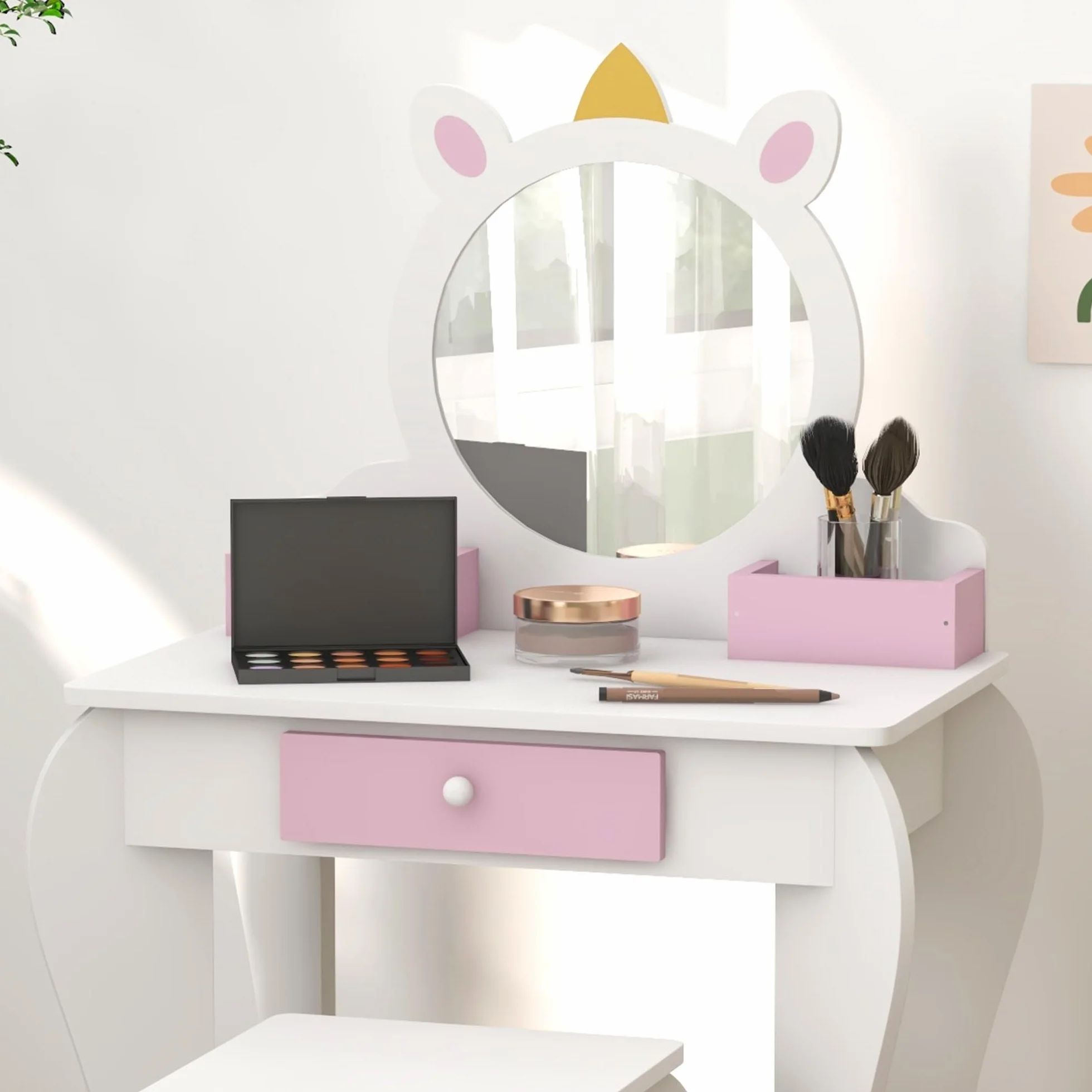 Tocador Infantil con Taburete y Espejo, Diseño Unicornio, Mesa de Maquillaje para Niñas 3-6 Años, Blanco