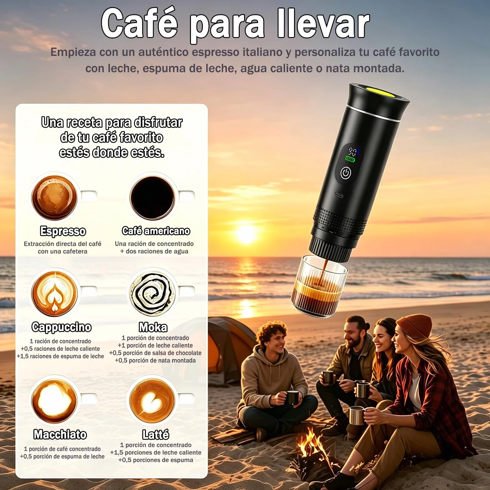 Nueva Cafetera de café espresso 3en1, para coche u oficina,Ideal para viaje | 20 bares, con pantalla LED,Máquina de café 80 ml compatible con cápsulas y café molido,Große Kaffeepulverschale (16 g)