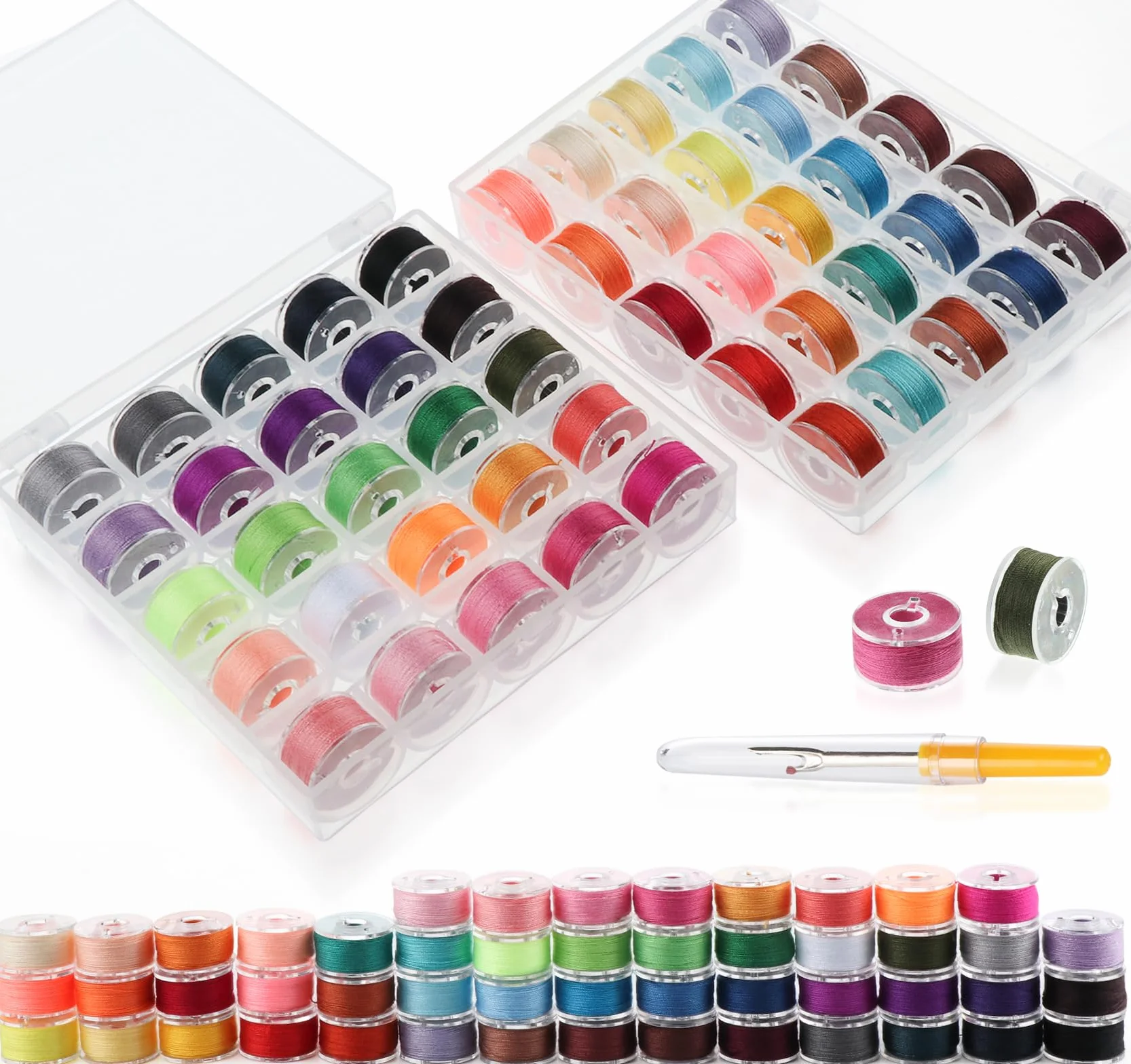 Hilo de bobina de 50 colores con caja de bobina, tamaño A clase 15 60 WT, hilo de bobina preenrollado para máquina de coser, hilo de poliéster compatible con máquina de bordar