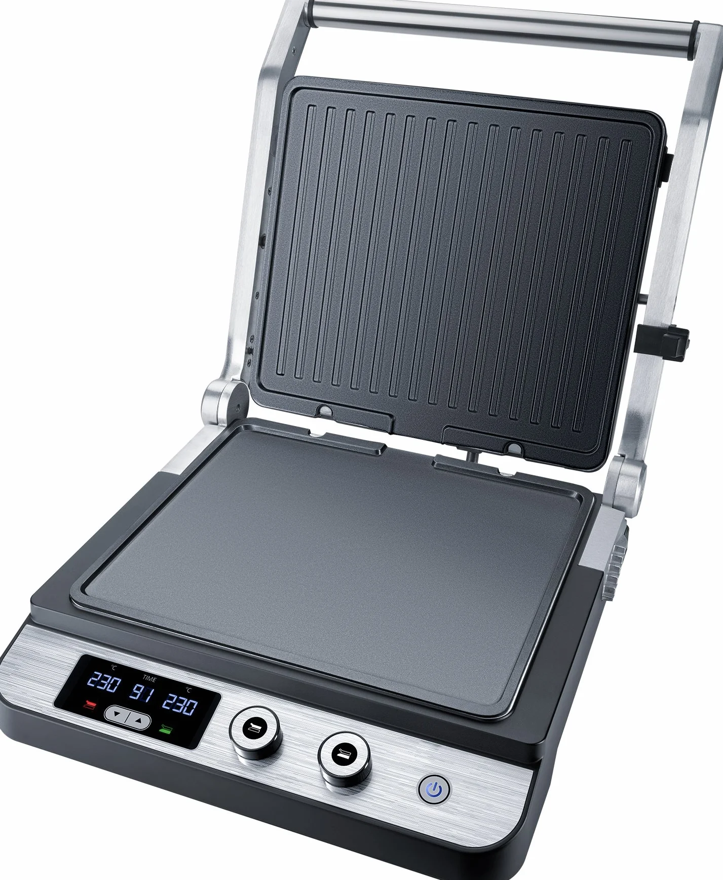 Grill bajo en grasa Steba con carcasa de acero inoxidable, gran superficie de grill antiadherente: 2 x 27 x 24 cm, gratinado por contacto, gratinado, gratinado abierto en doble superficie, FG 120