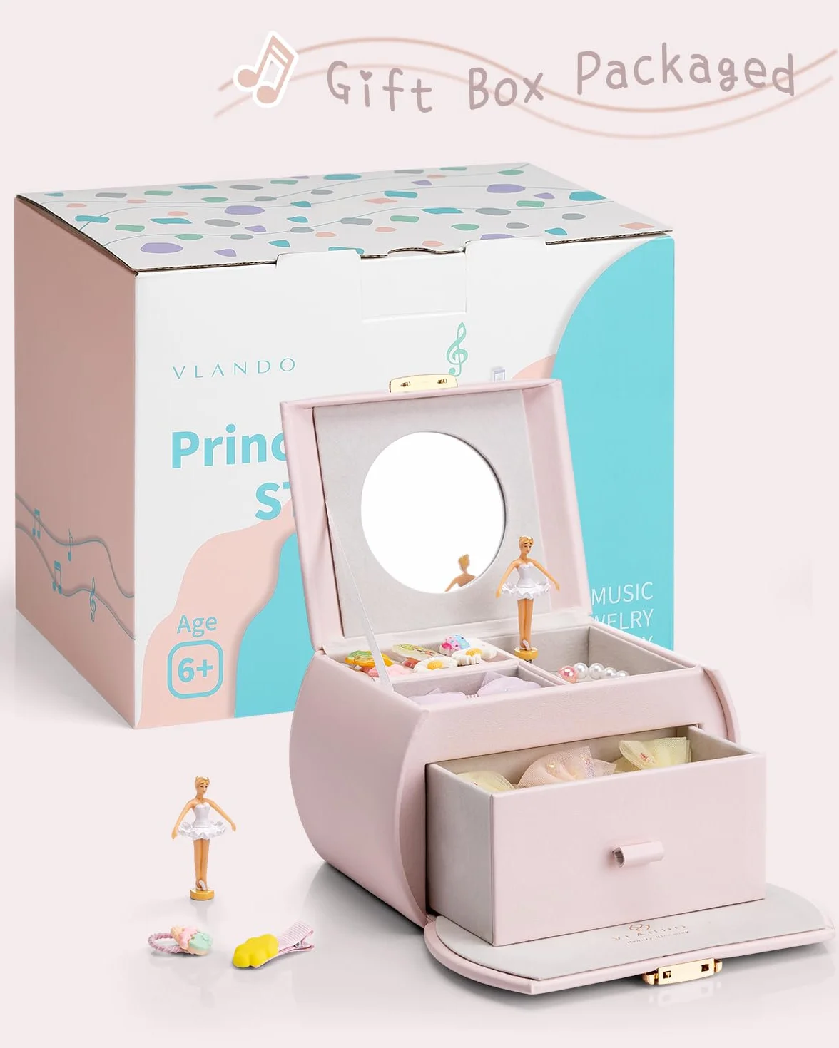 Vlando Joyero musical con bailarina giratoria, estuche de joyería con cerradura para niños, pulsera, anillo, collar, regalo para niños