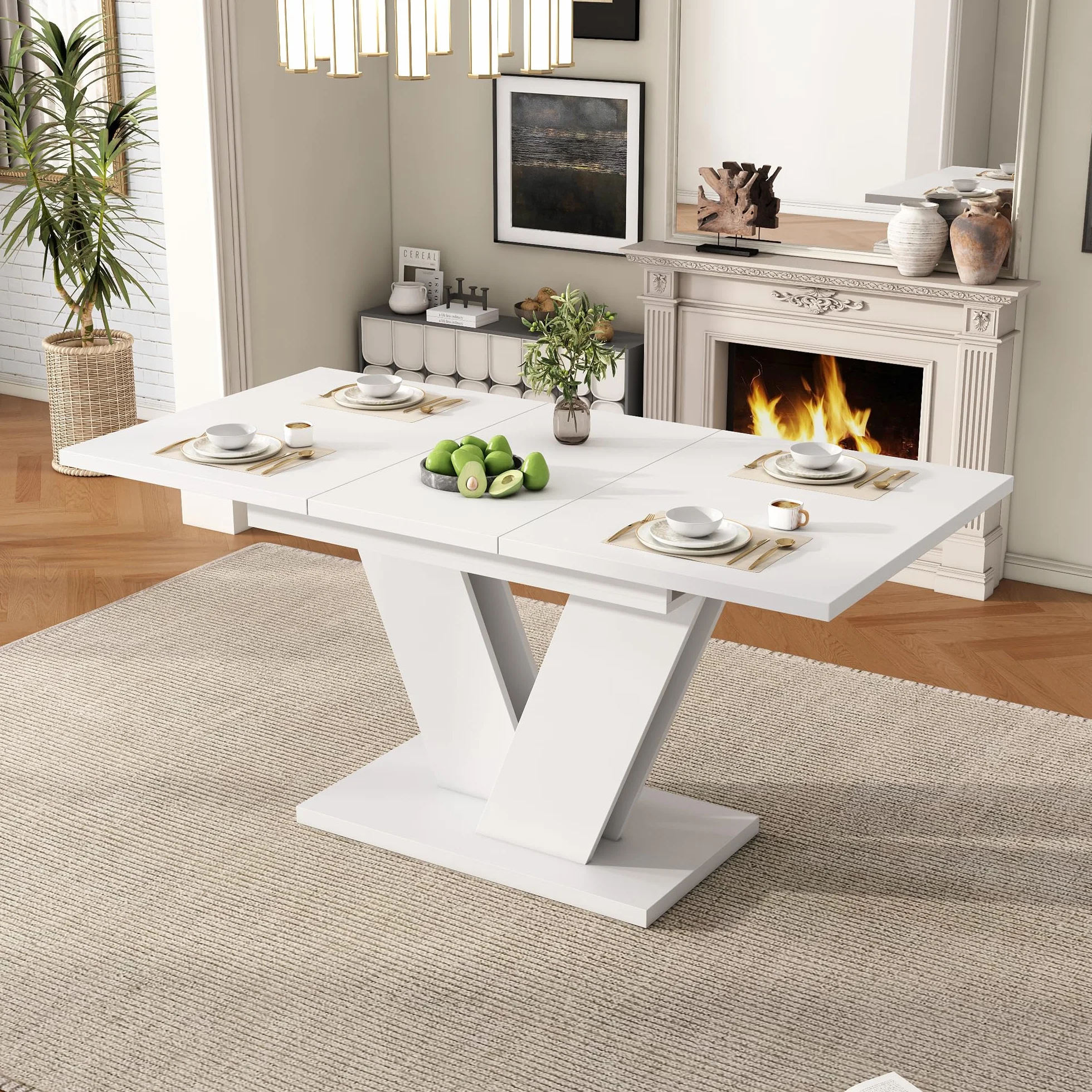 Mesa de comedor extensible 120/160 x 80 x 75,5 cm, adecuada para 4-6 personas, mesa rectangular de madera, mesa de madera gruesa, patas en forma de V, mesa de comedor extensible, color blanco