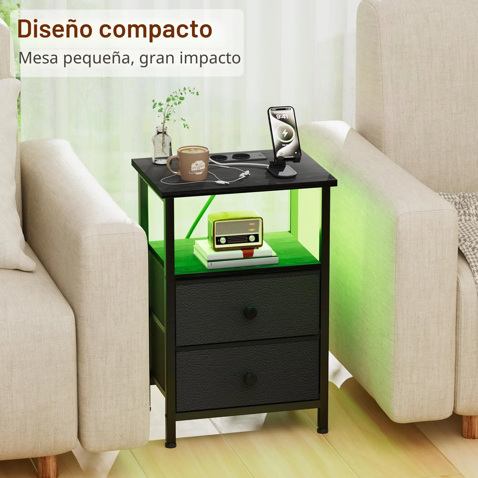 AMHANCIBLE Mesita de Noche, Mesitas de Noche con Estación de Carga, Mesa Auxiliar con 2 Cajones de Tela, 2 Tomas AC, 2 Puertos USB, Dormitorio, Salón, Estudio, Negro, EHETS02BK-1