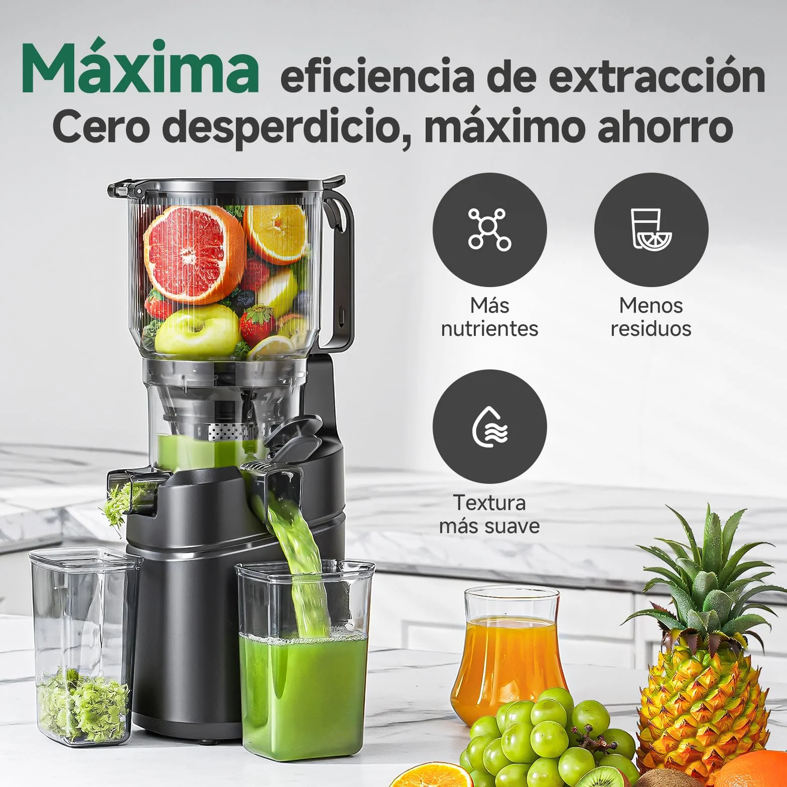 AMZCHEF Extractor de Zumo Automático Multifuncional de 250W, 150MM de Apertura, Exprimidor de Frutas y Verduras de 2 Litros con Triple Filtro - Negro