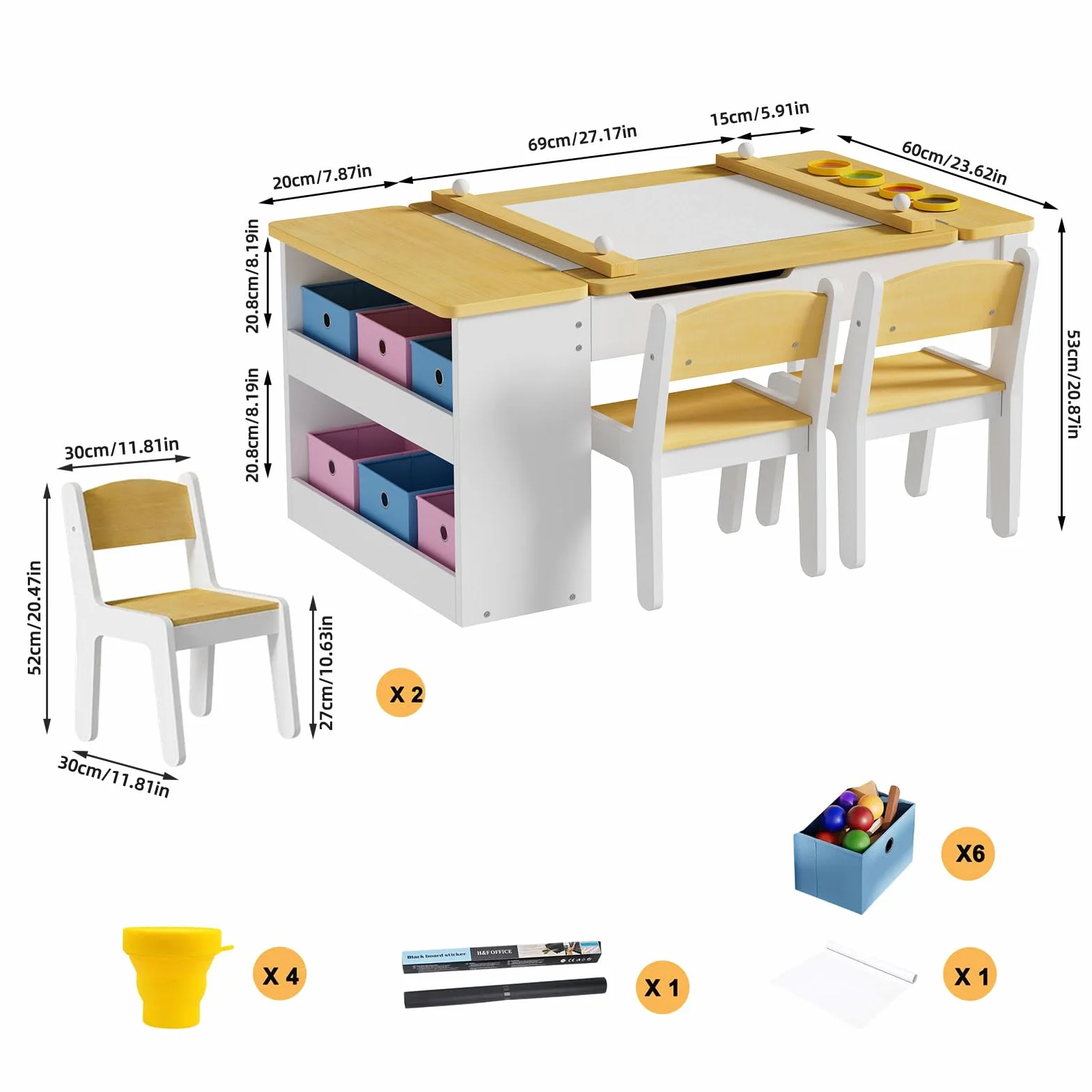 MSFE Mesa Infantil Madera con Sillas,Escritorio de Caballete de Madera para Niños Pequeños con 6 Cajas de Almacenamiento con 2 Sillas de Maderas, Mesa de Juego para Niños,104 * 60 * 53CM