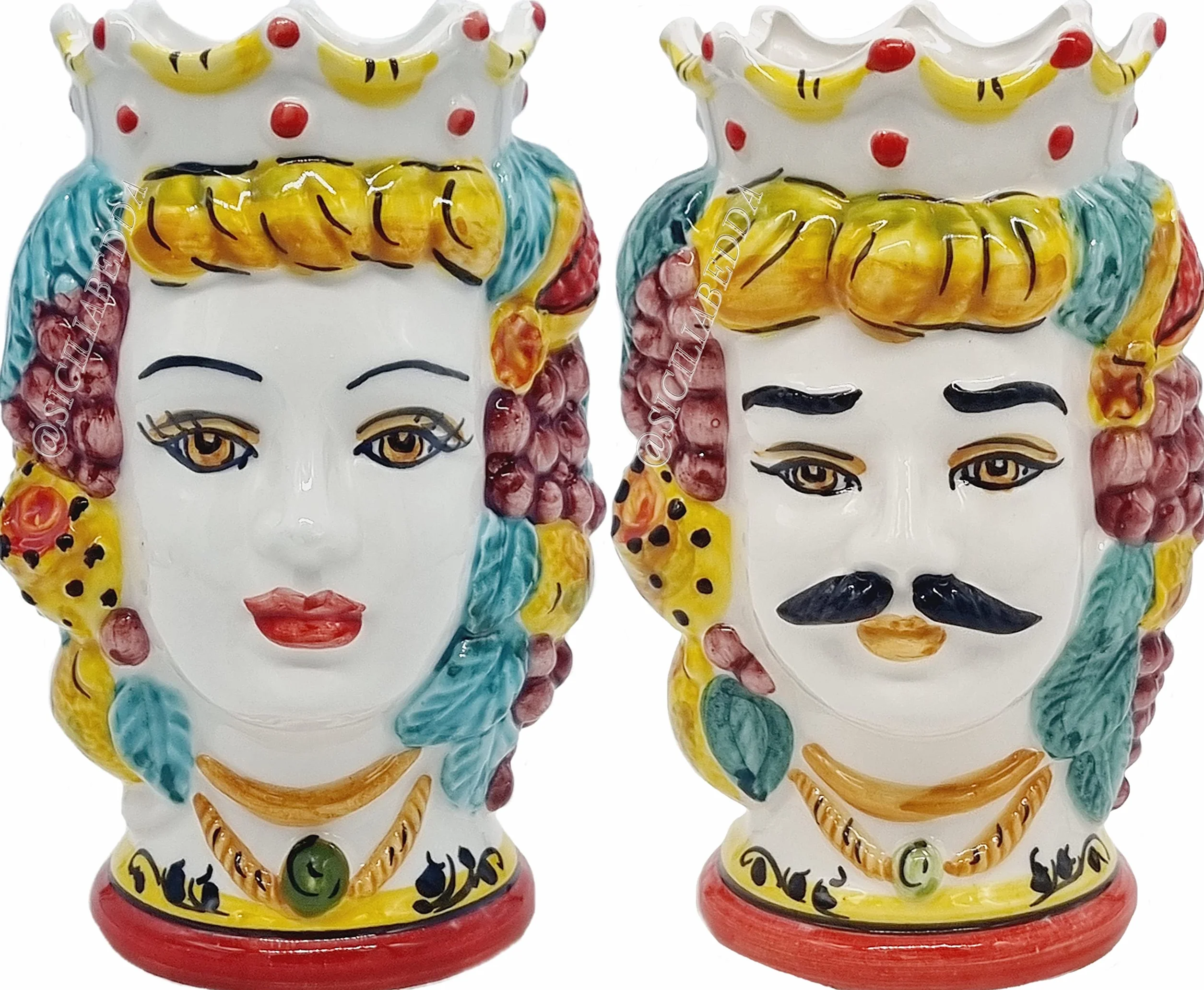 Sicilia Bedda - Par de cabezas de mármol sicilianas de cerámica de CalTAGIRONE - Hecho a mano - H cm 18 cm - Elegante complemento decorativo (corona amarilla)