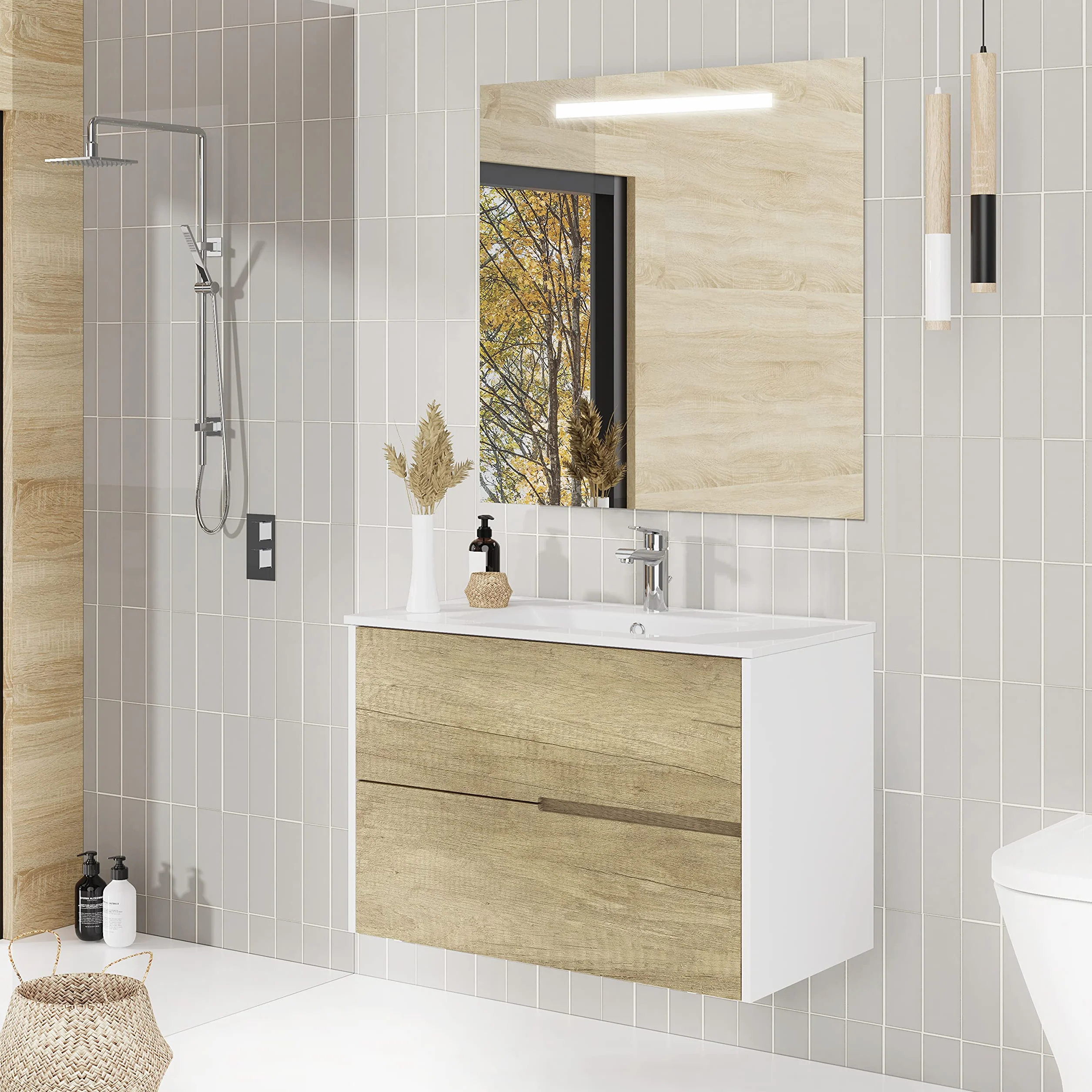 Baikal Mueble de baño Gavin suspendido 2 cajones con lavabo cerámico y espejo 80 cm Nature