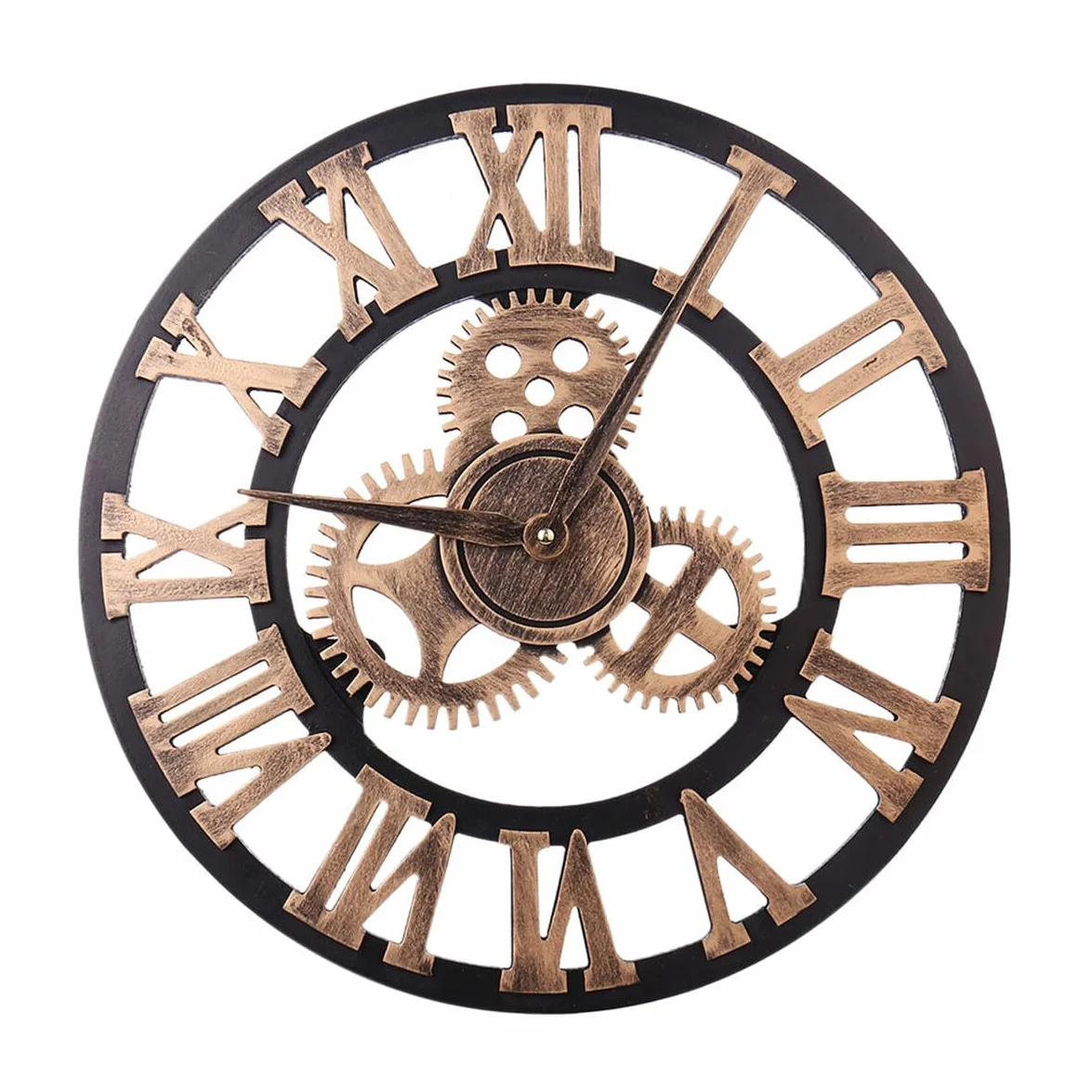 DOITOOL Reloj de Pared Vintage de Madera Engranaje 3D, 40 Cm | Números Romanos Retro, Movimiento de Cuarzo Ultra Silencioso, Estilo Industrial para Hogar y Oficina