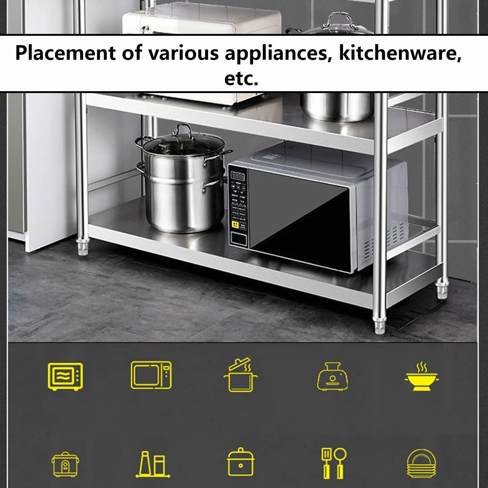 EstanteríA de Cocina EstanteríA para Microondas Muebles Auxiliar de Cocina de Niveles Estante Abierto de Pie con Valla y Almohadilla para Pies Ajustable Acero Inoxidable Plata(110 * 35 * 95)