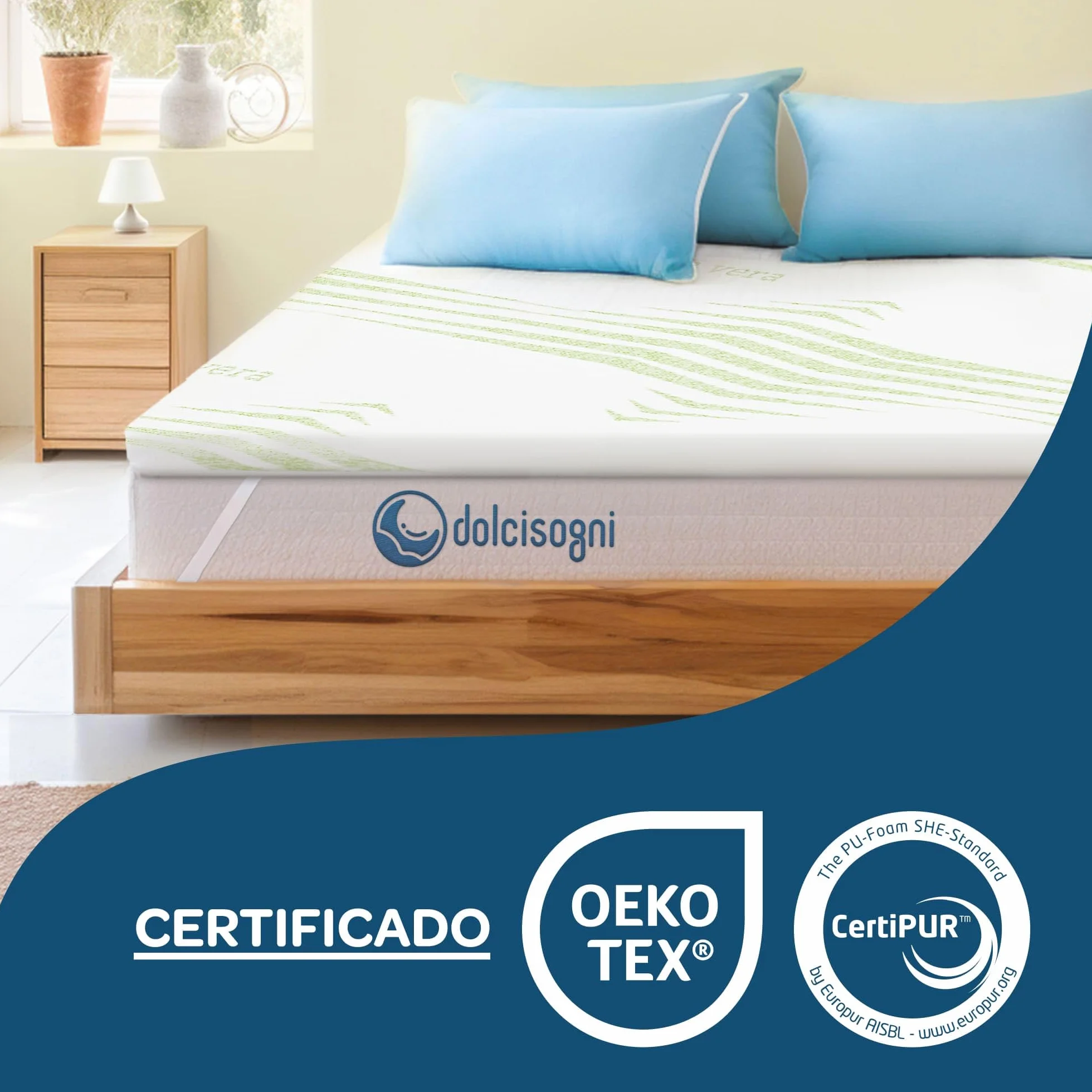 DOLCI SOGNI Topper Viscoelastico 140x200 cm, Espesor 5 cm, Topper 140x200 Espuma Viscoelástica con Funda de Aloe Vera y Elásticos de Sujeción, Sobrecolchon 140x200