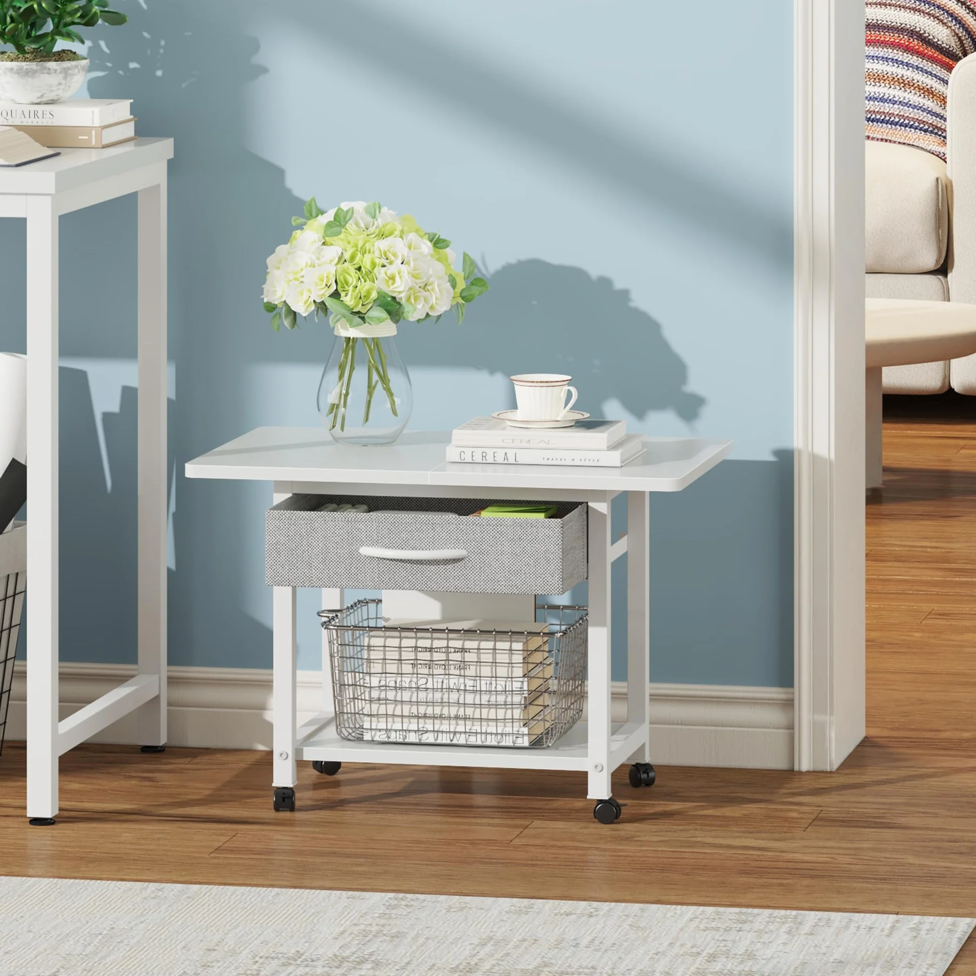 Mesa para Impresora con Ruedas 2 Niveles con Cajón, Estantería de Oficina Blanco