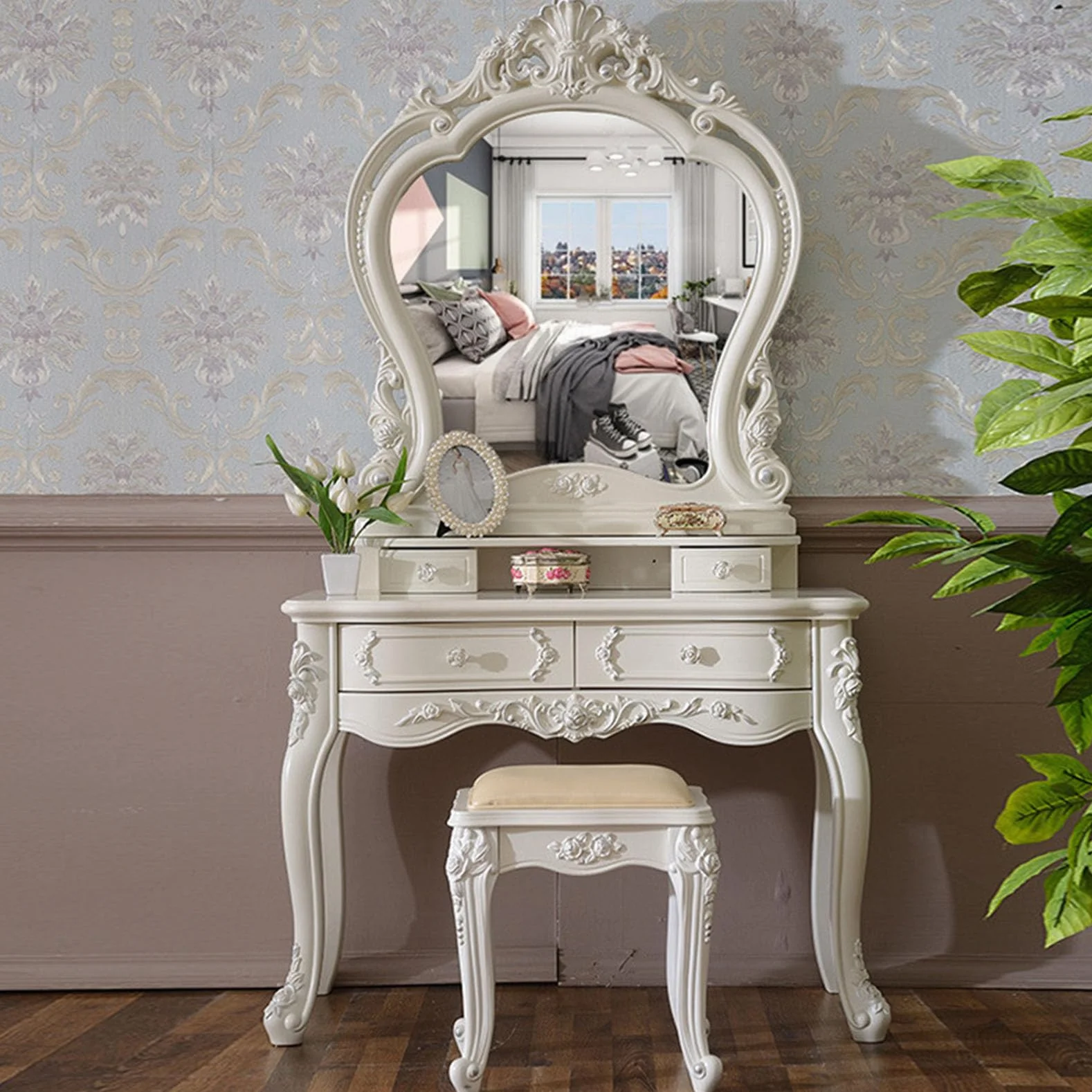 Juego de tocador y mesa de estilo europeo, taburete tapizado, mesa de maquillaje con 4 cajones, muebles de dormitorio para niñas, regalo elegante para mujeres