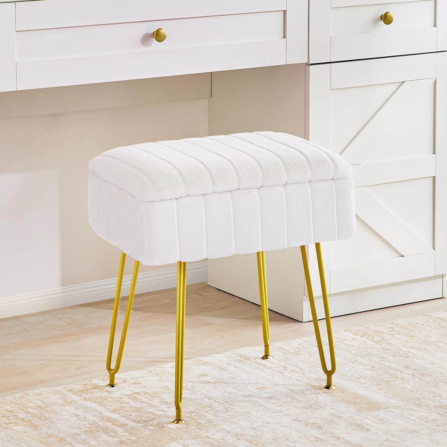 Redlife Taburete De Tocador con Almacenamiento, Sillón De Tocador De Piel Sintética, Reposapiés Otomano, Sillón De Tocador De Maquillaje para Dormitorio (Blanco)