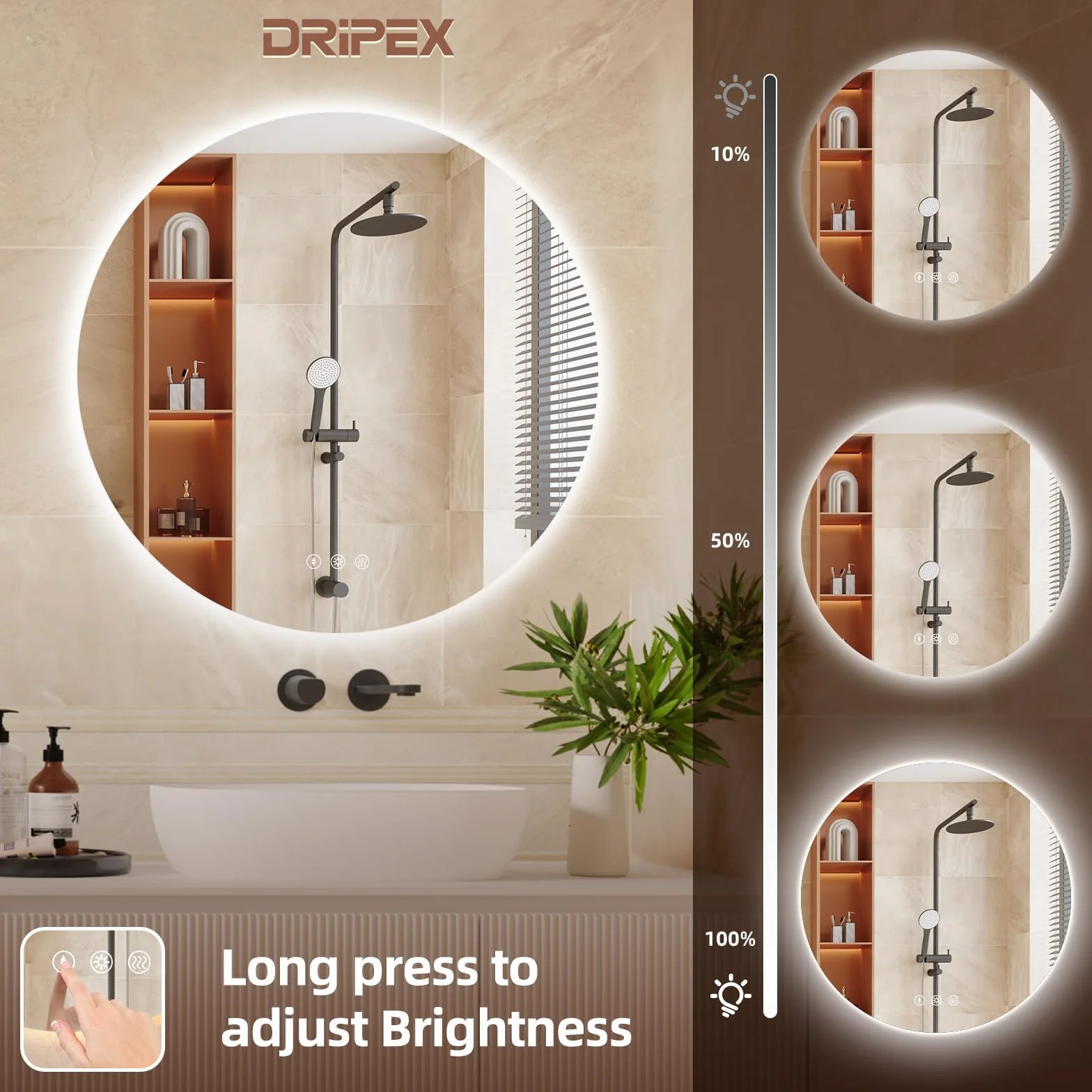 Dripex Espejo Baño con Luz LED, Redondo 70cm Baño Iluminado con 3 Colores de Luz Regulable, Función Antivaho, Vidrio HD con Protección Antiexplosiva, Interruptor táctil,IP44 Impermeable