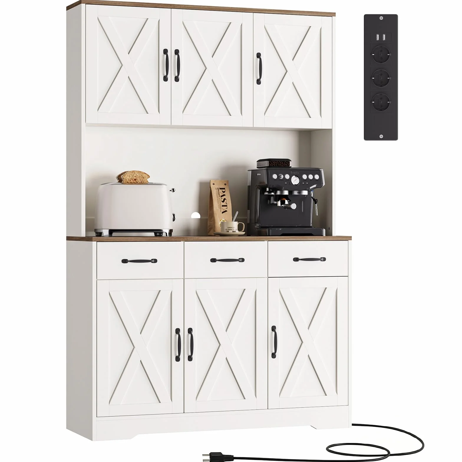 FUSOU Alacena de Cocina 180 cm con Enchufes Integrados, Armario de Cocina con Encimera, 3 Cajones y 4 Puertas, Mueble Auxiliar Estilo Rústico para Comedor, Blanco