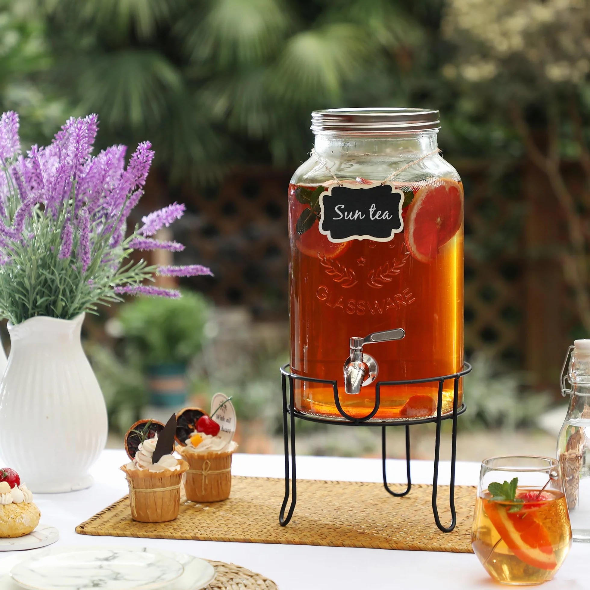 Dispensador de bebidas de vidrio de 1.5 galones con soporte, espiga impermeable de acero inoxidable y tapa, dispensadores de bebidas de vidrio para fiestas, dispensador de bebidas de agua