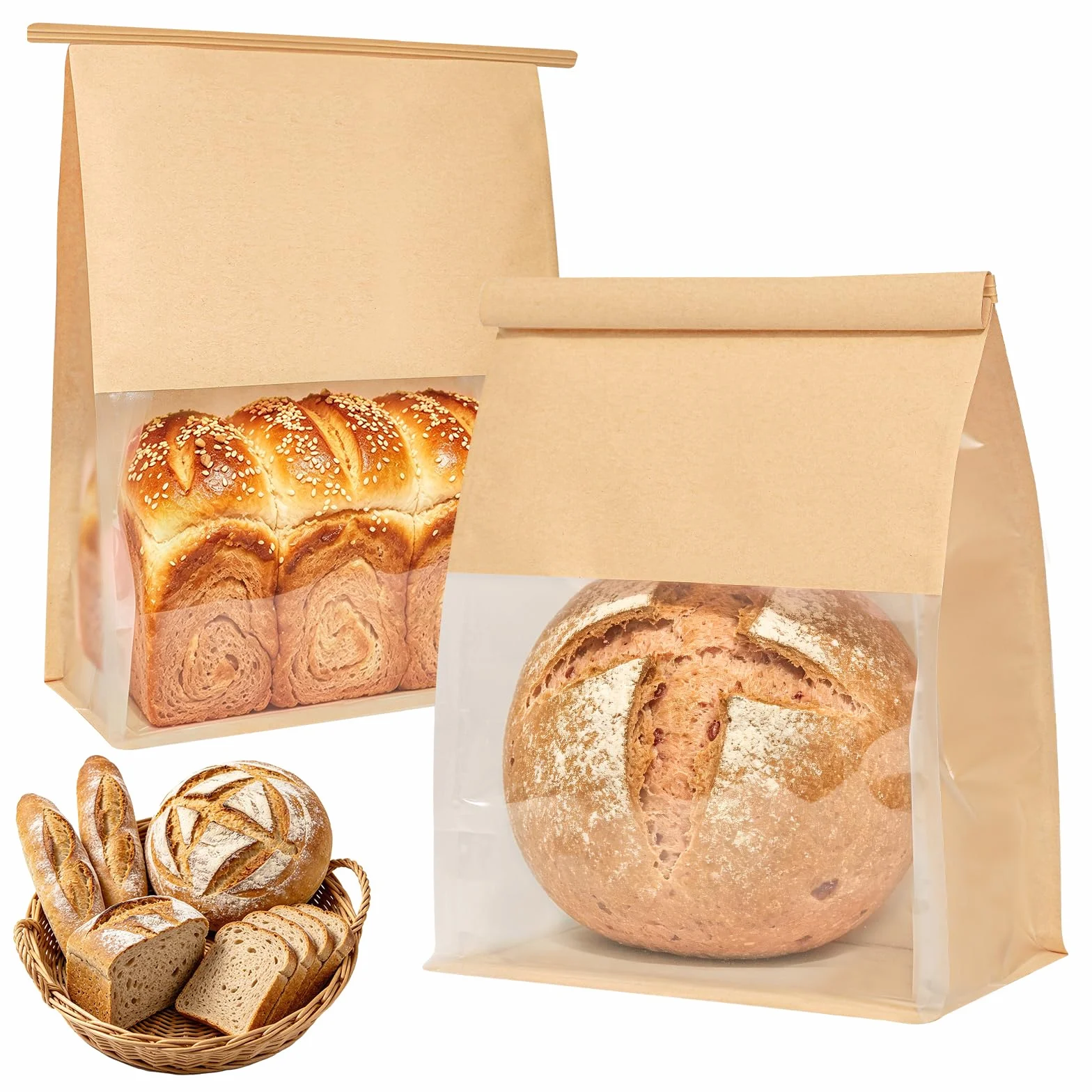 Funcoo 50 bolsas de pan con pestañas para pan casero de masa madre panadería bolsas de almacenamiento con ventana/corbatas, bolsa grande de pan de panadería para embalaje de productos horneados (11 x