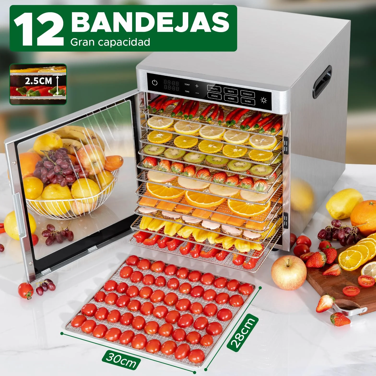 Kwasyo Deshidratador de Alimentos Acero Inoxidable 12 Bandejas, 6 Funciones Preestablecidas, Deshidratador de 800W, 6 Tapetes de Silicona, 2 Tarros, 2 Bandejas para Rollos de Frutas, Receta Incluida