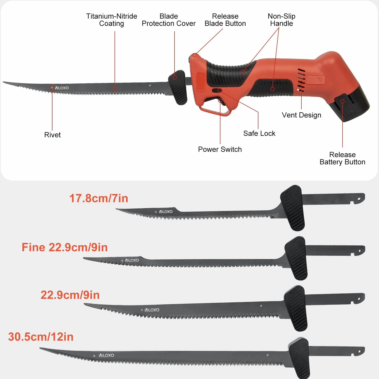 VLOXO Cuchillo Electrico Cocina Inalámbrico con 4 Cuchillas de Acero Inoxidable y 2 Baterías Cuchillos Cocina Eléctrico Recargable Bloqueo de Seguridad Cuchillos Carne Mango Antideslizante