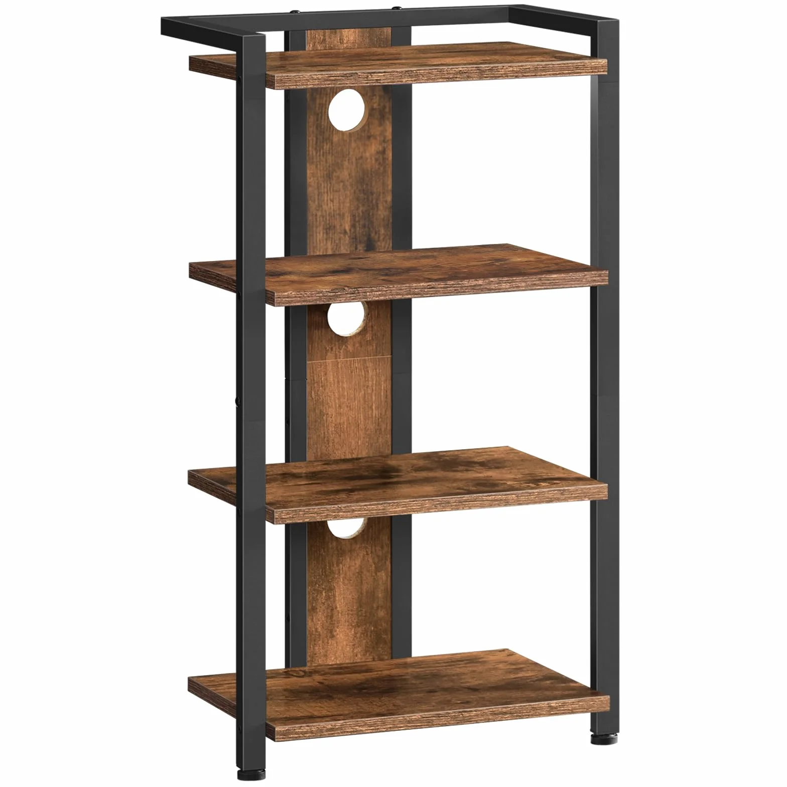 HOOBRO Mueble Tocadiscos, Mueble HiFi con 4 Estante, Soporte de Multimedia con Orificios para Cables, Soporte para Discos, Hi-Fi, Videoconsola, Proyector, Router WiFi, Marrón Rústico y Negro EBF38CJ01