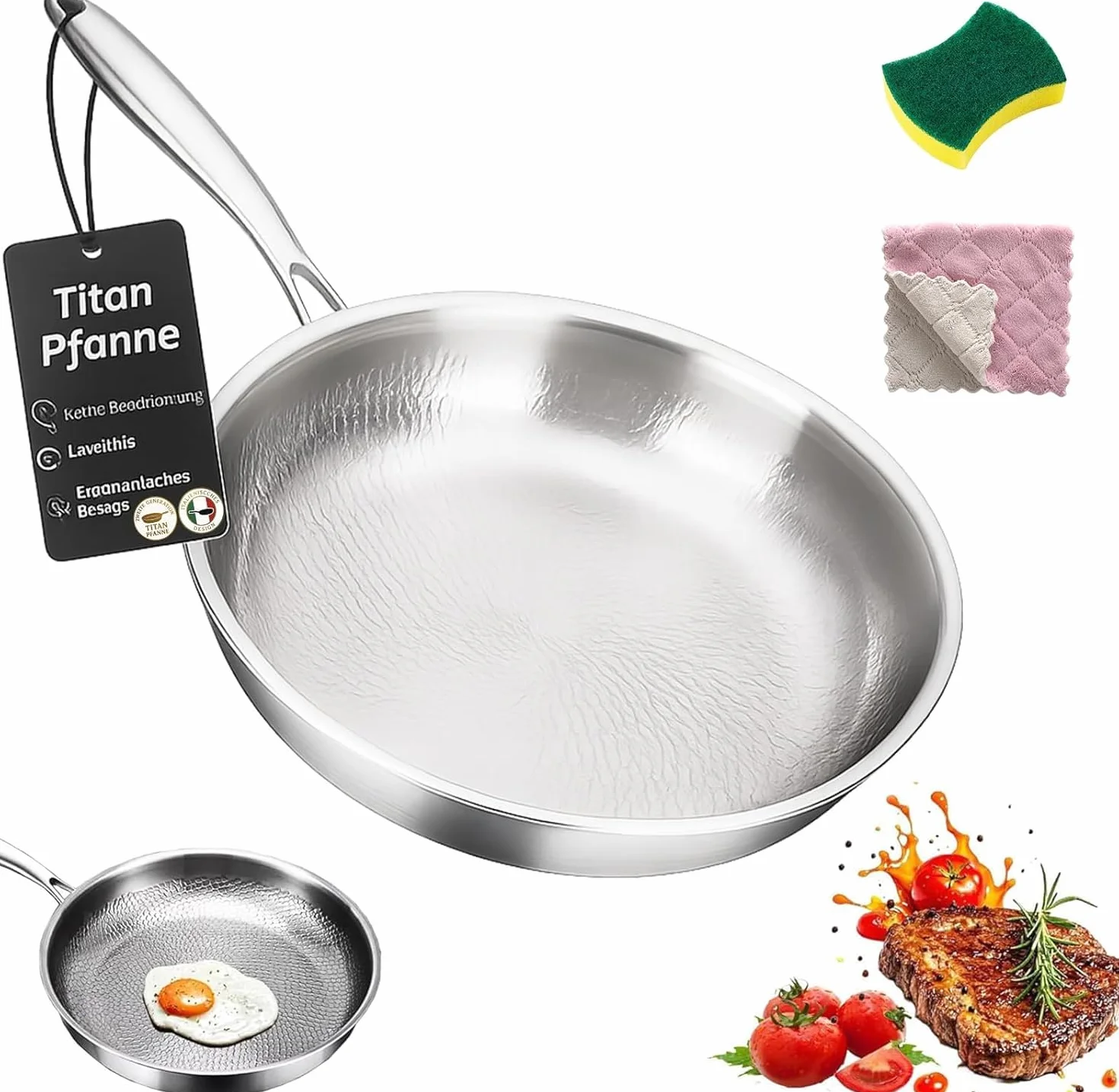 Sarten Acero 304, Sartén De Titanio Puro Antiadherente Con Estructura Tricapa, Cocción rápida y uniforme, Ultrarresistente Y Fácil De Limpiar, Mango ergonómico, Apto inducción, Gas (26cm, Sin Tapa)