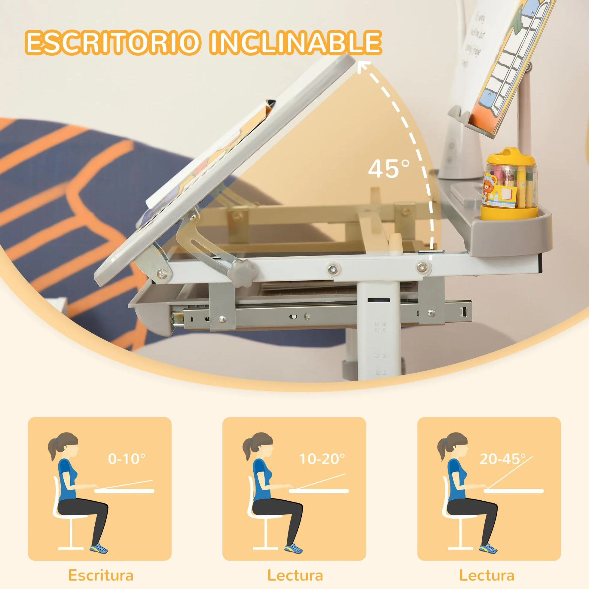 HOMCOM Juego de Escritorio y Silla para Niños +6 Años Pupitre Infantil Altura Ajustable Mesa Inclinable Gris